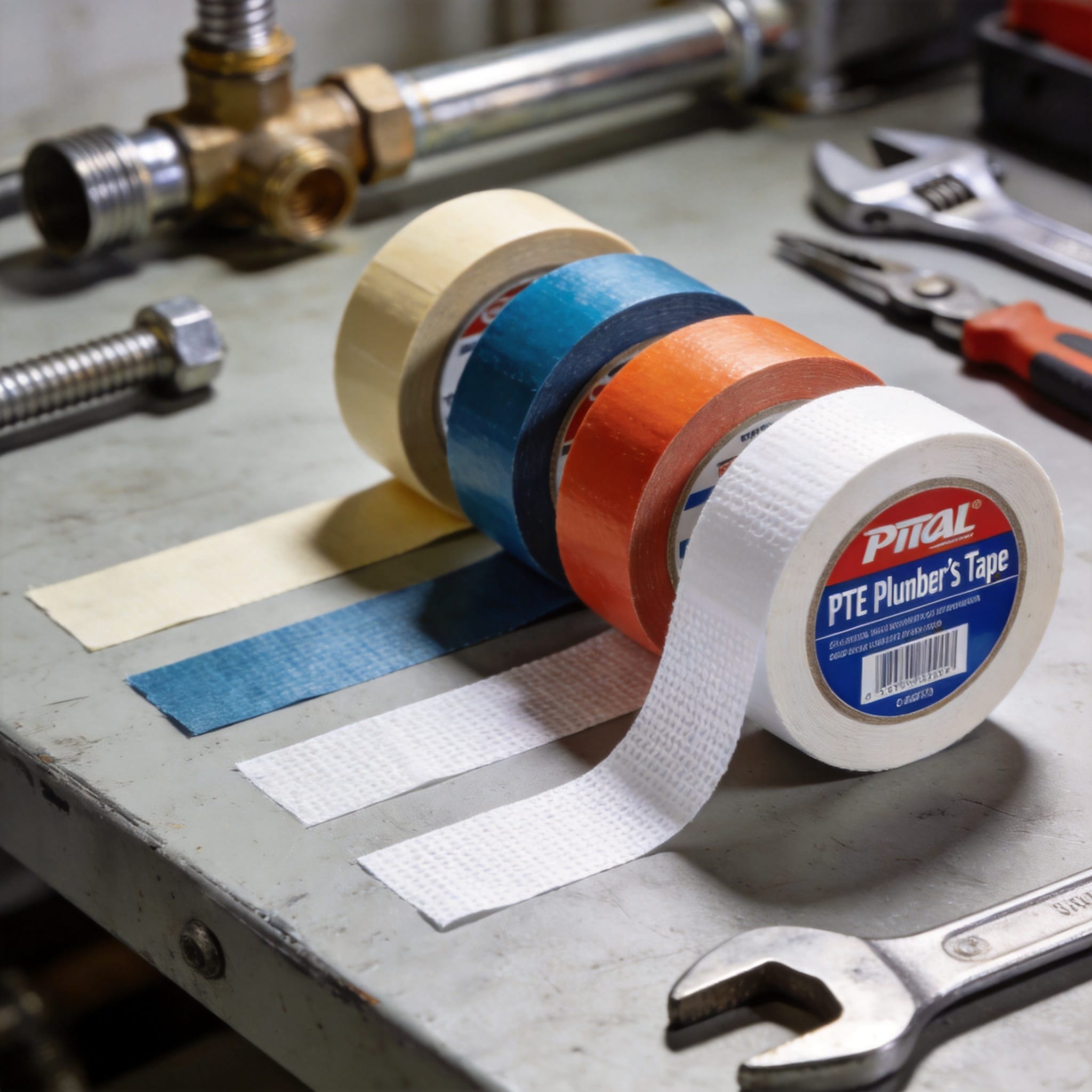 Roll of white PTFE tape on a workbench