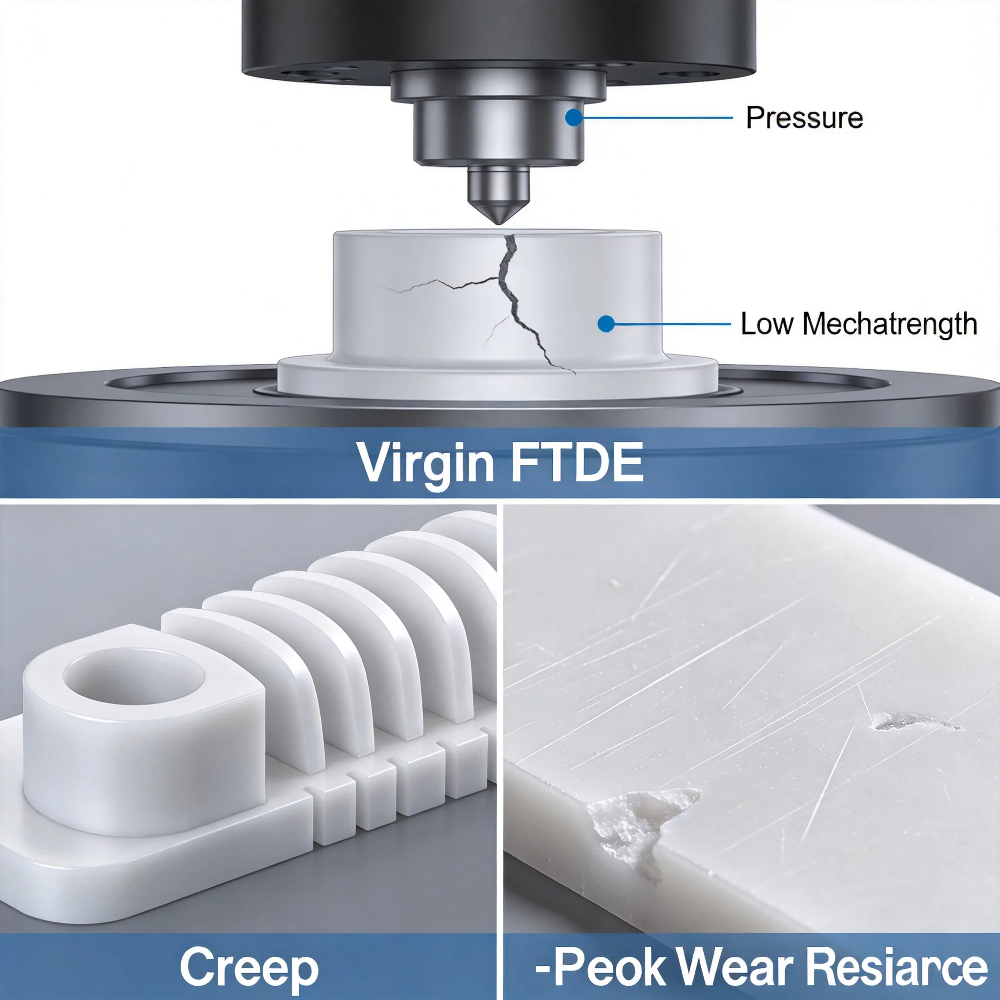 Tensile testing machine pulling a virgin PTFE specimen
