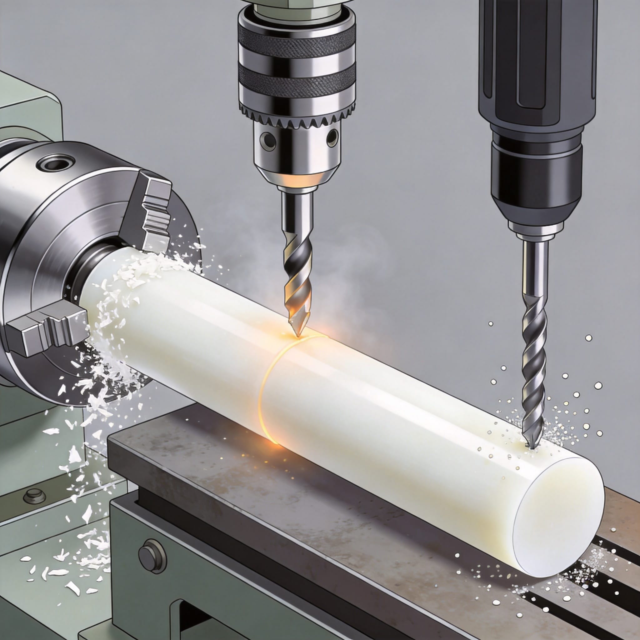 CNC lathe turning PTFE rod with sharp carbide insert