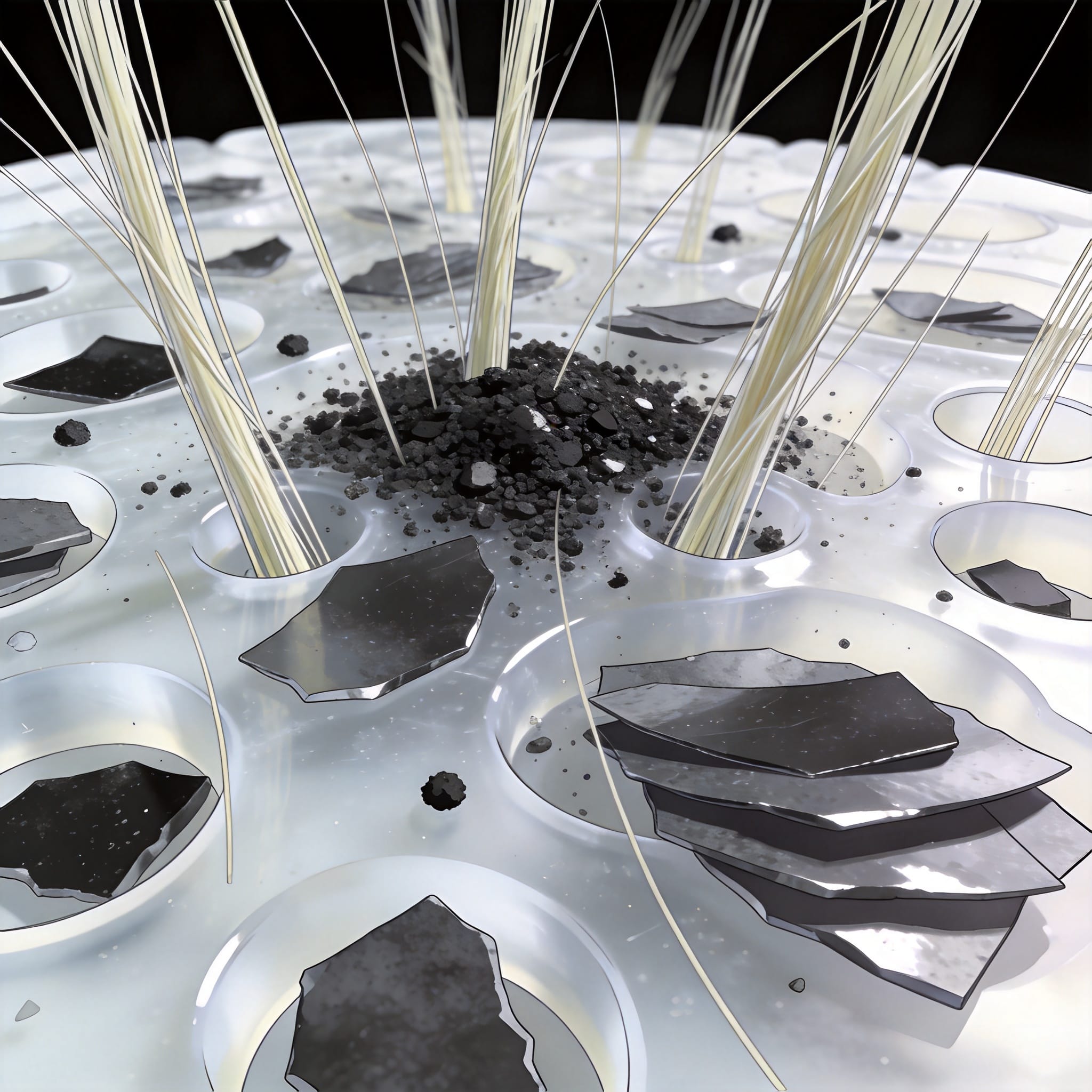 PTFE material modification process showing raw powder and compression molding