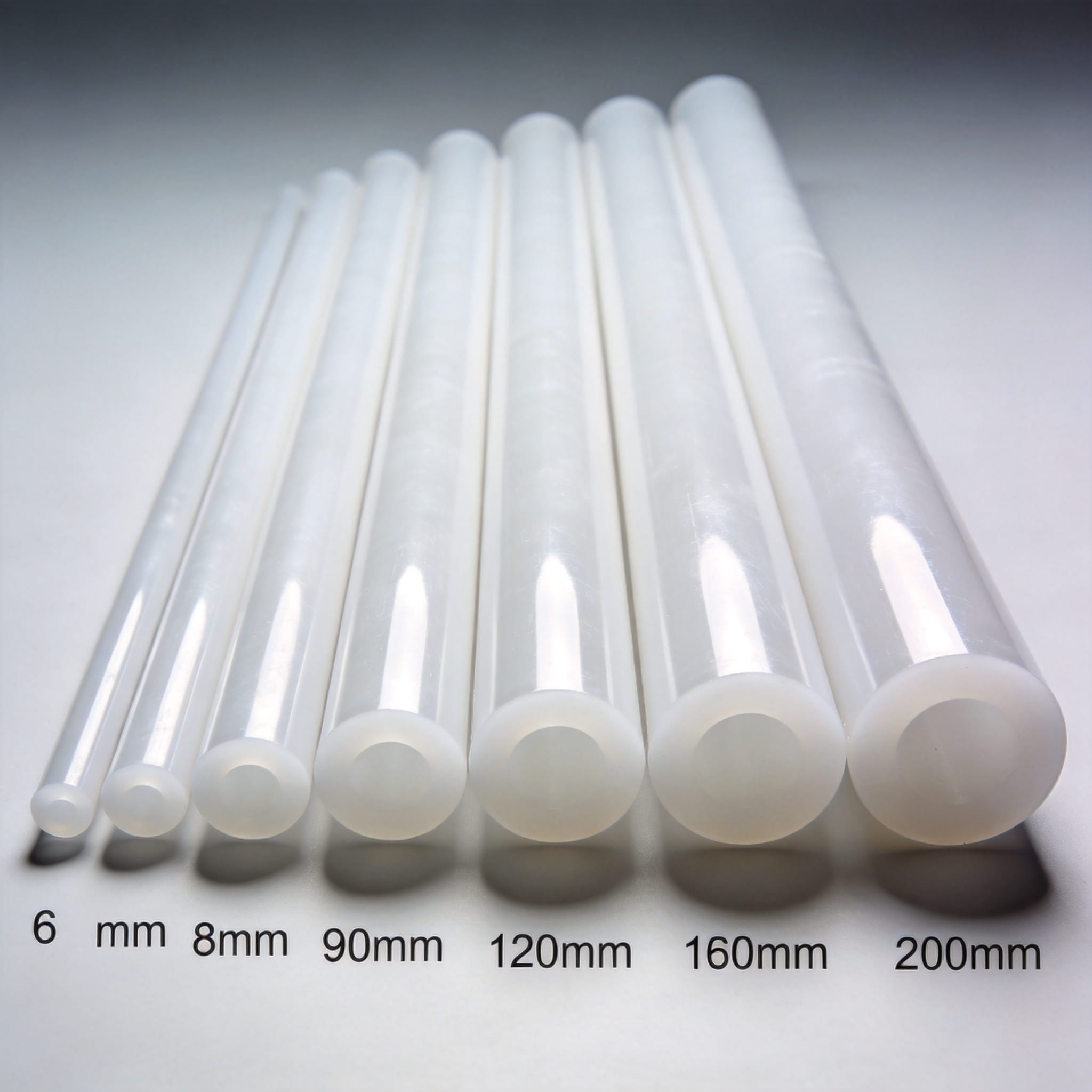 PTFE rod diameter range chart from 6mm to 200mm