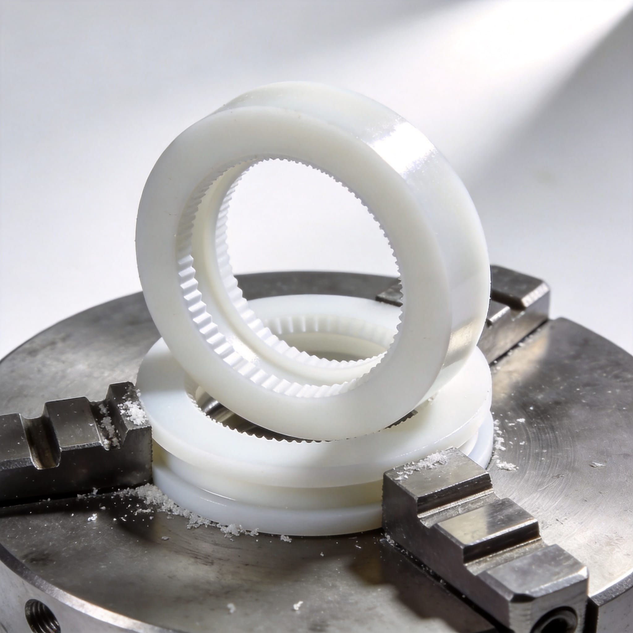 CNC lathe turning PTFE rod into a seal profile