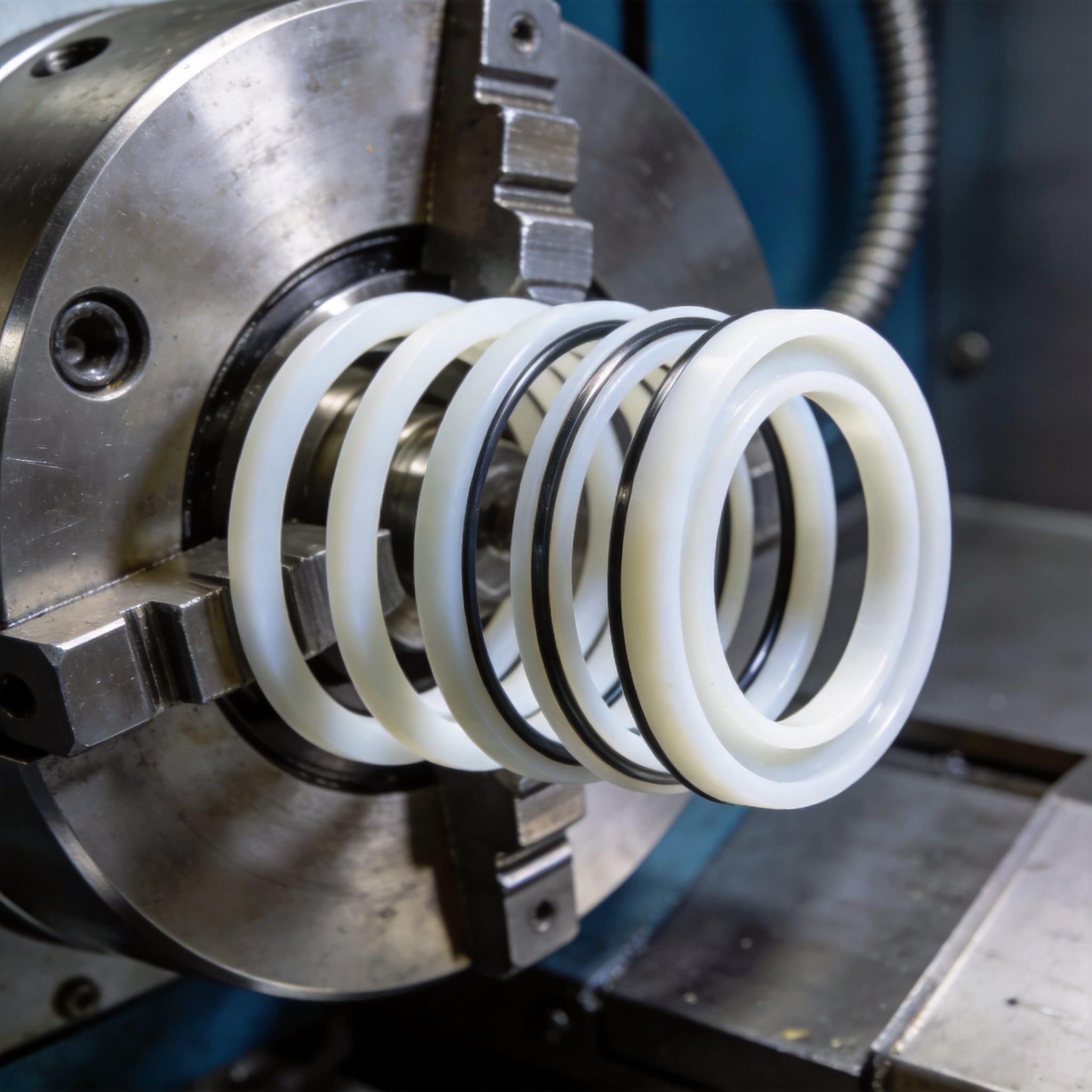 PTFE piston rings installed on a compressor piston