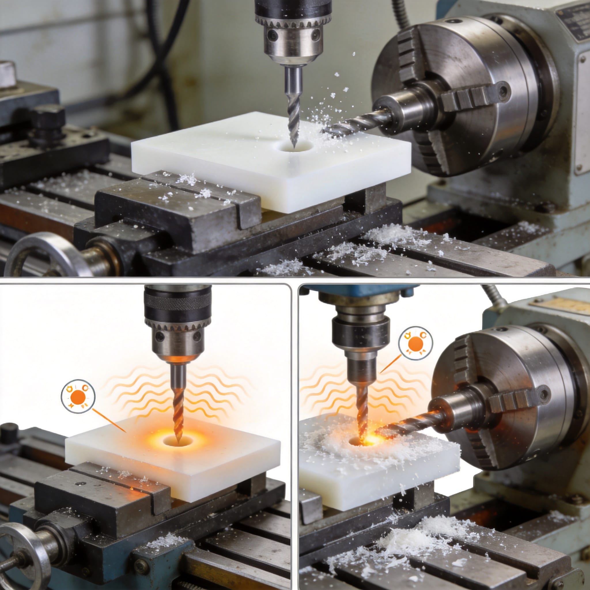Drill bit cutting into white PTFE sheet with spiral chips