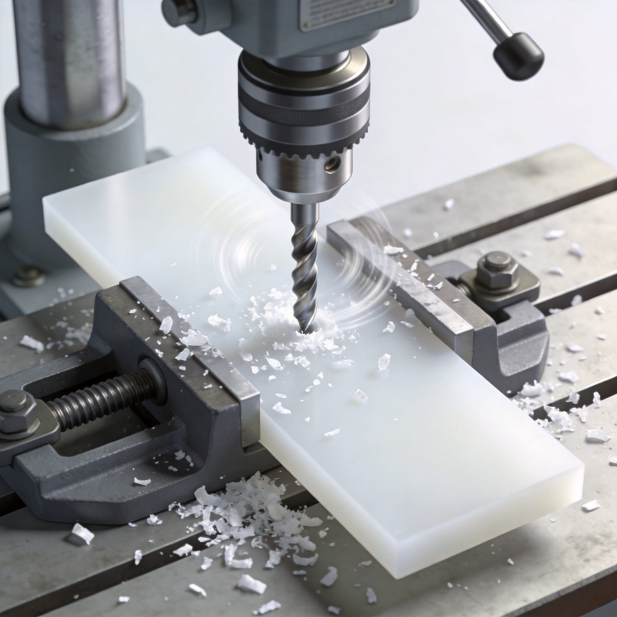 CNC lathe turning a cylindrical PTFE part with blue chips