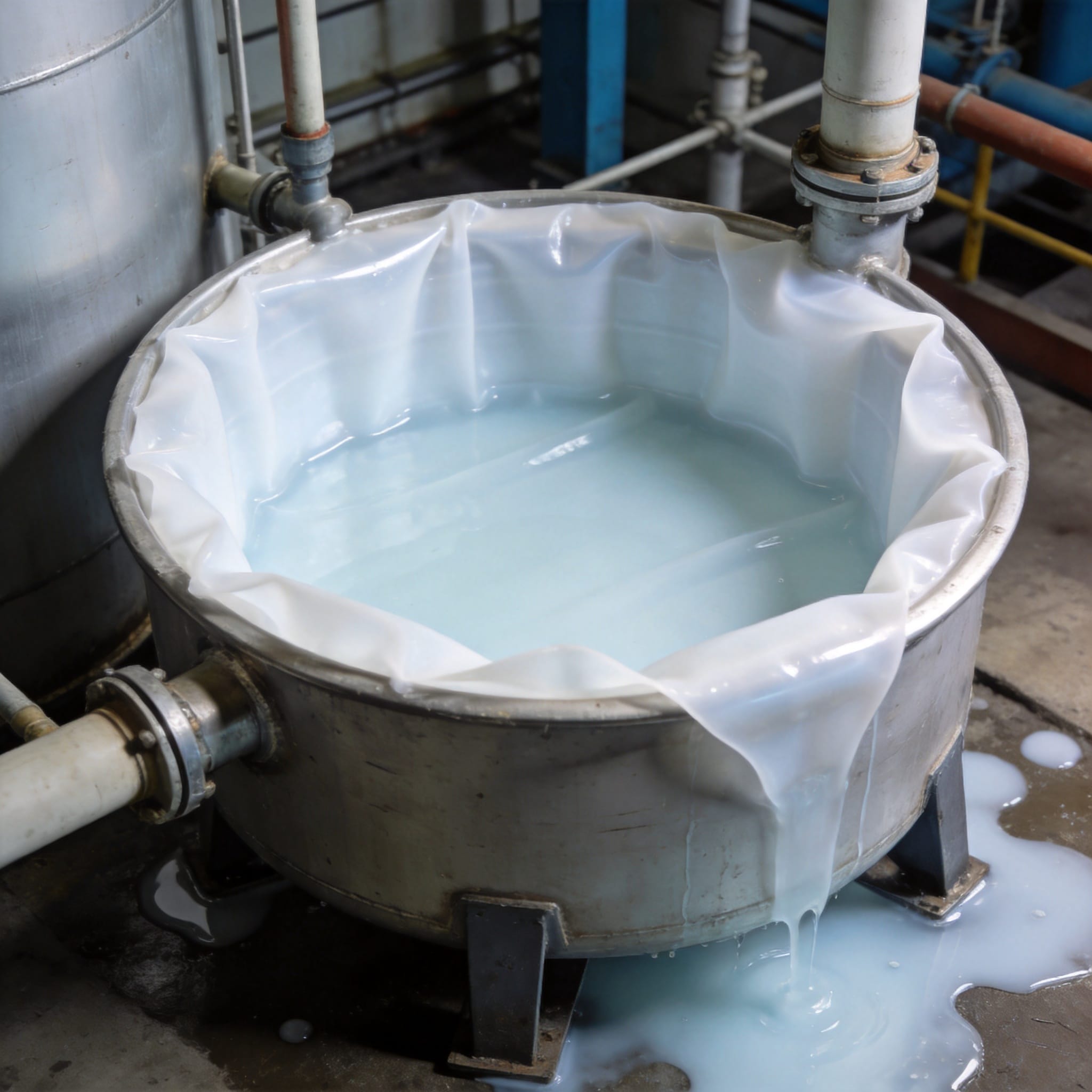 Engineer inspecting PTFE welded seams inside hydrochloric acid tank