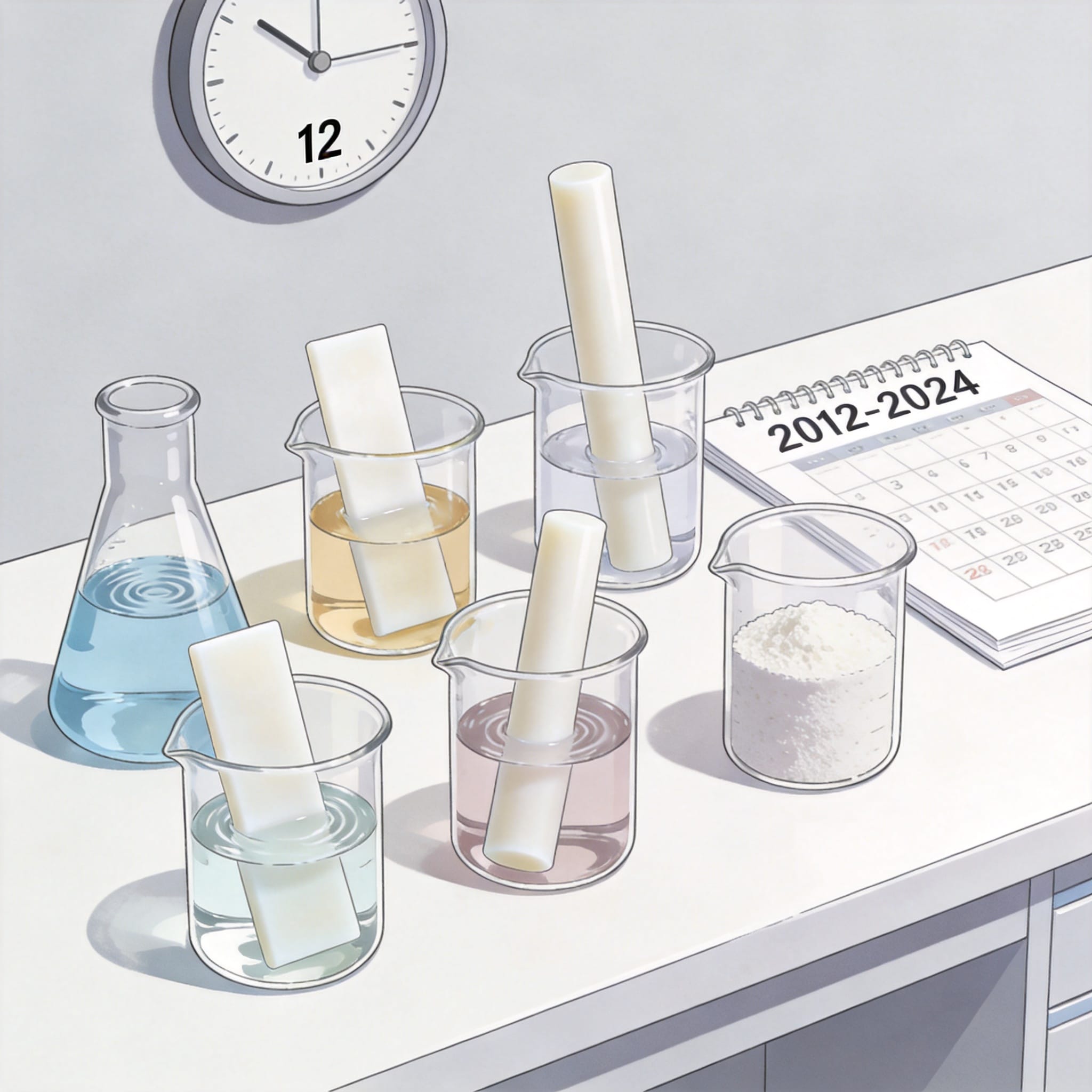 Laboratory test tubes with PTFE samples in various solvents
