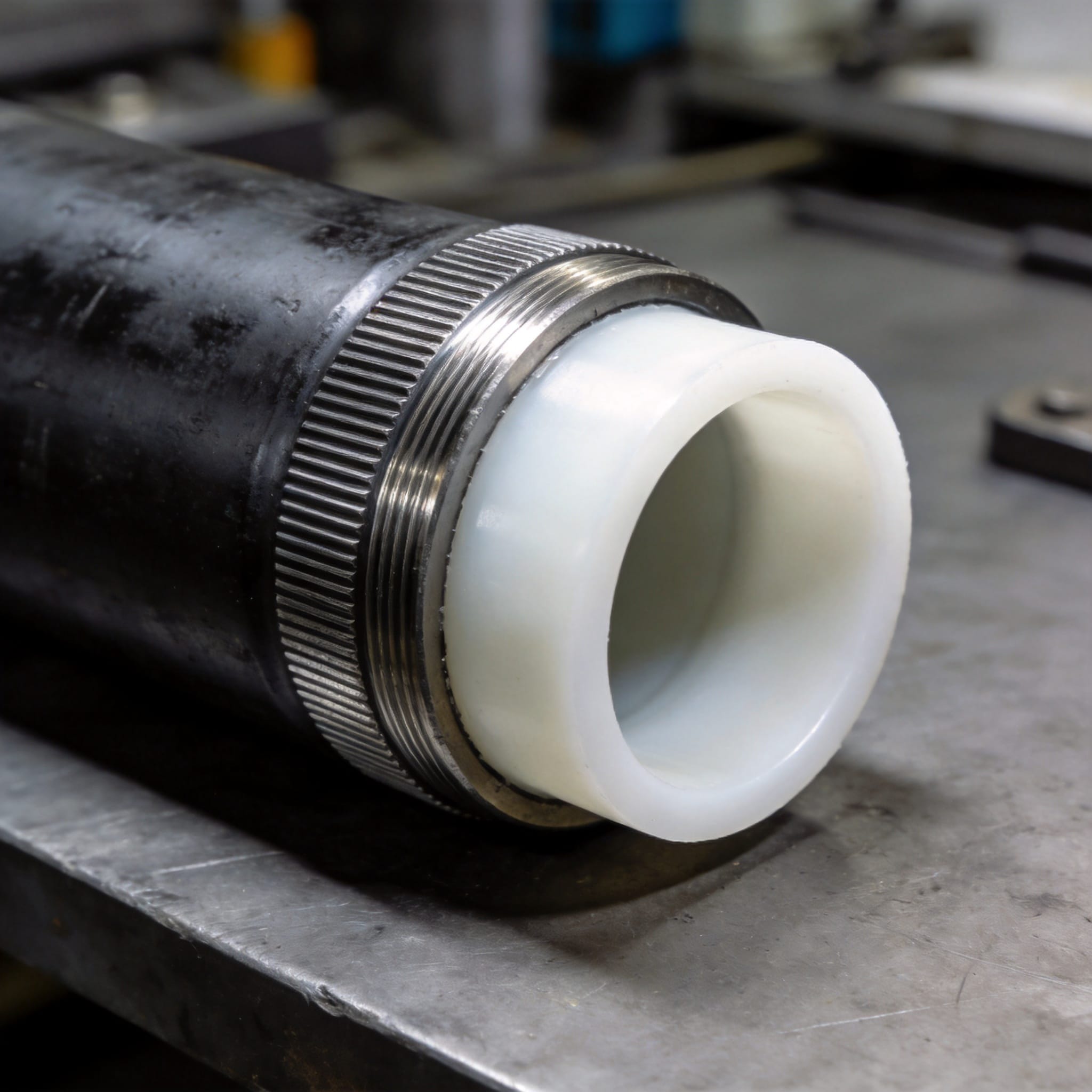 Cutaway of a PTFE-lined carbon steel pipe showing the liner bonded to the steel shell