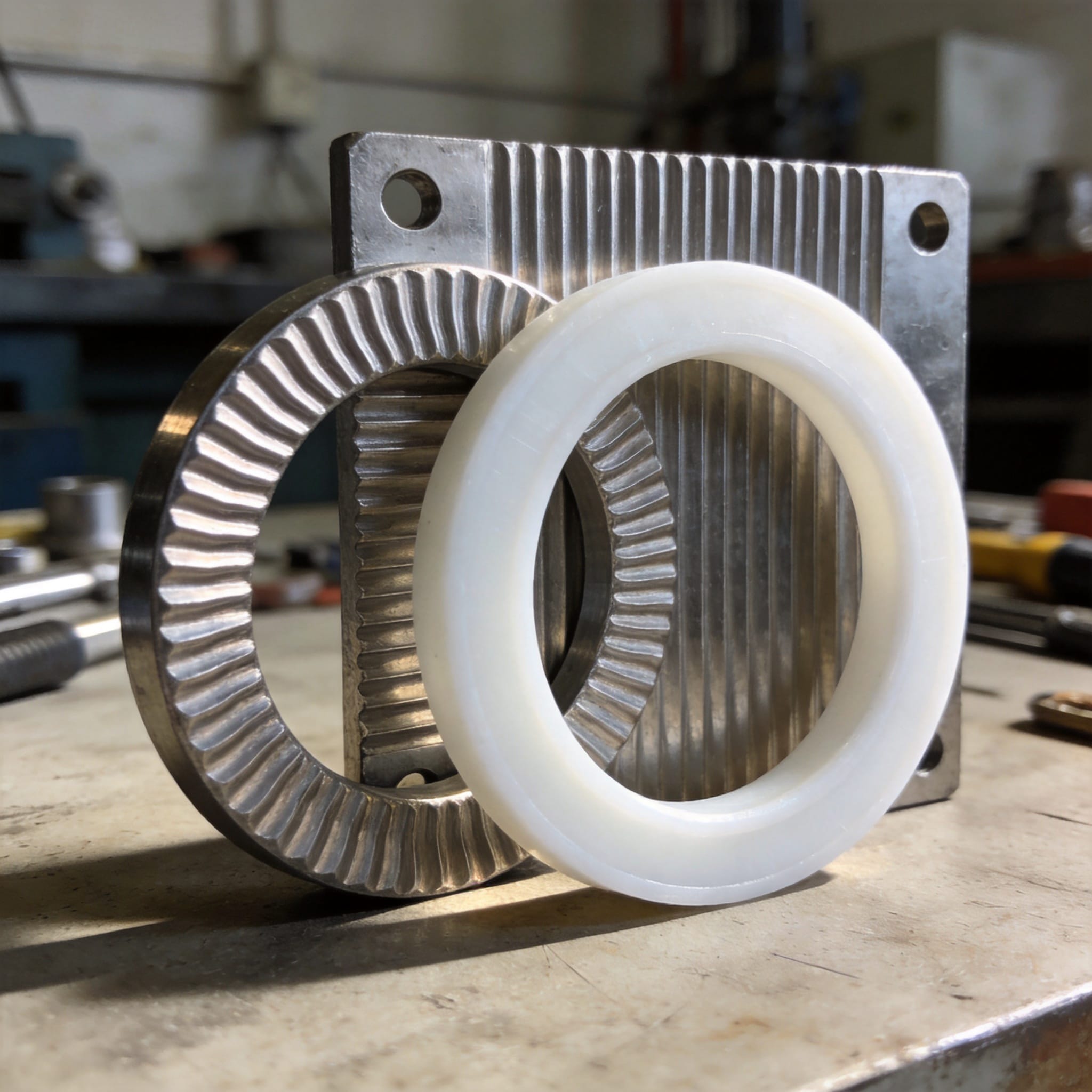 Cross-section of a corrugated PTFE gasket showing the metal corrugated core and PTFE facings between two flange faces