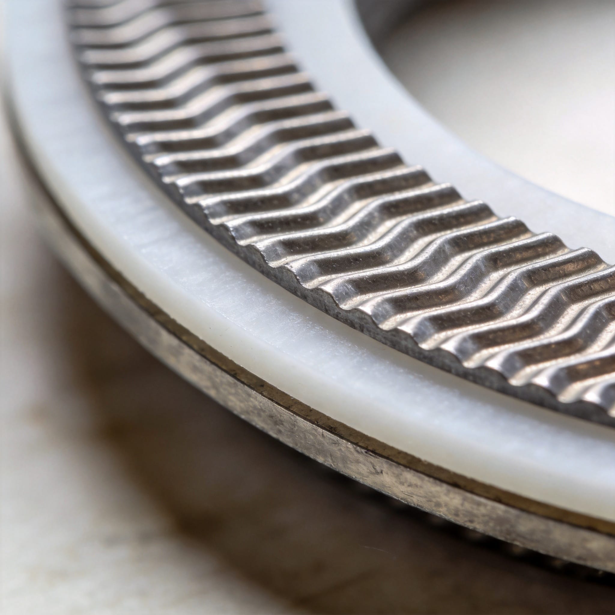 Technician installing a corrugated PTFE gasket on a flange and tightening bolts in a star pattern with a torque wrench