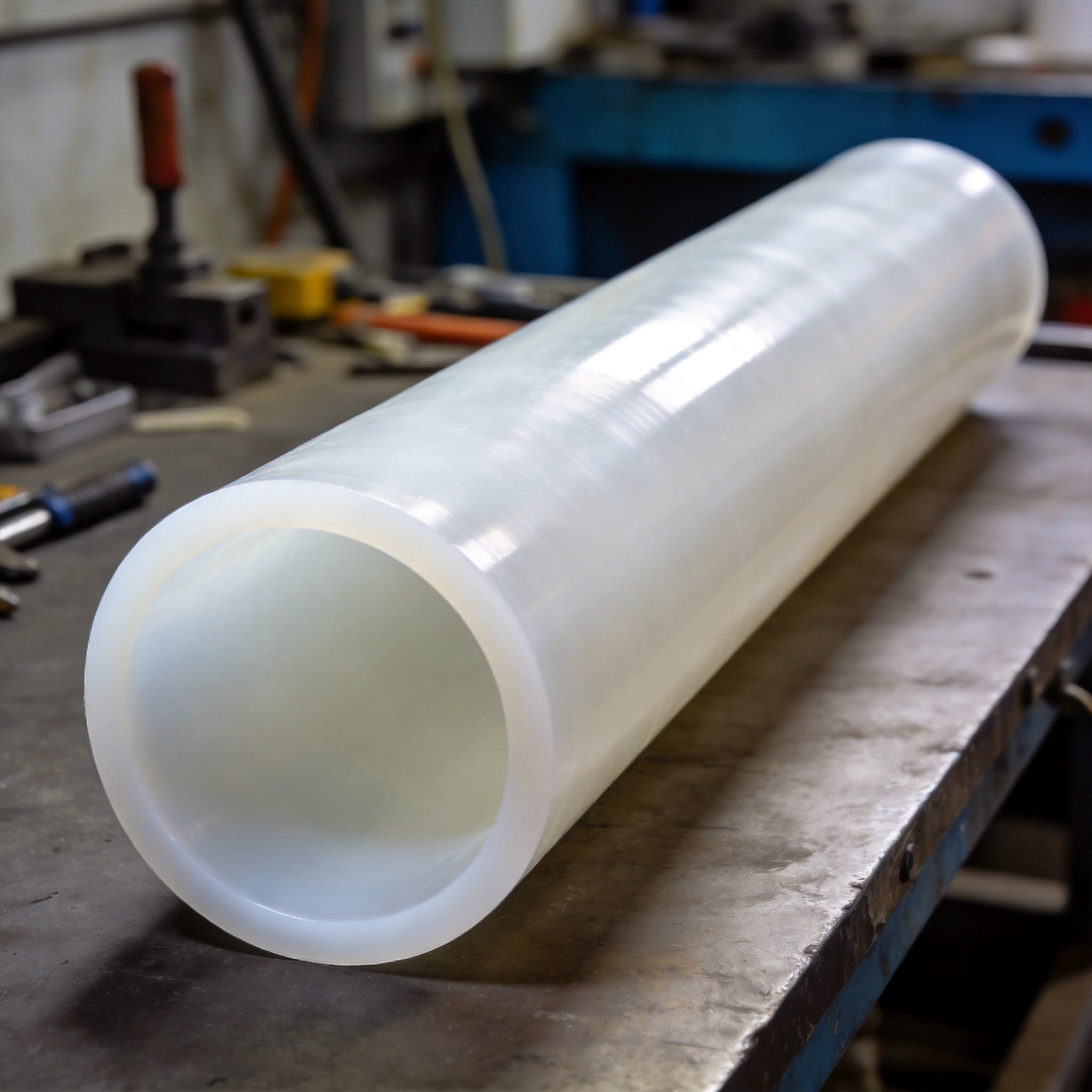 Molded PTFE tube with 150mm outer diameter next to a caliper