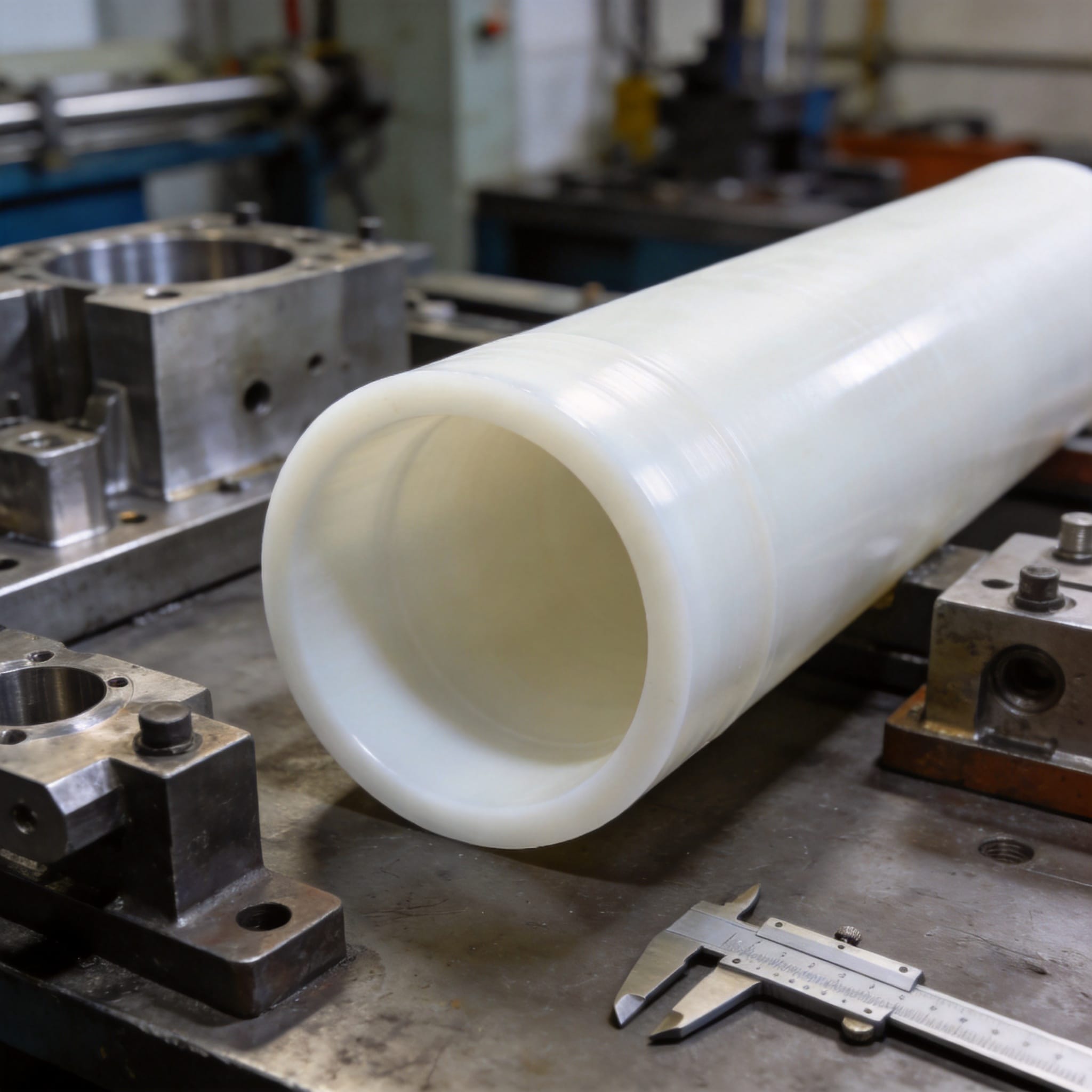 Engineer measuring wall thickness of a large molded PTFE tube with a micrometer