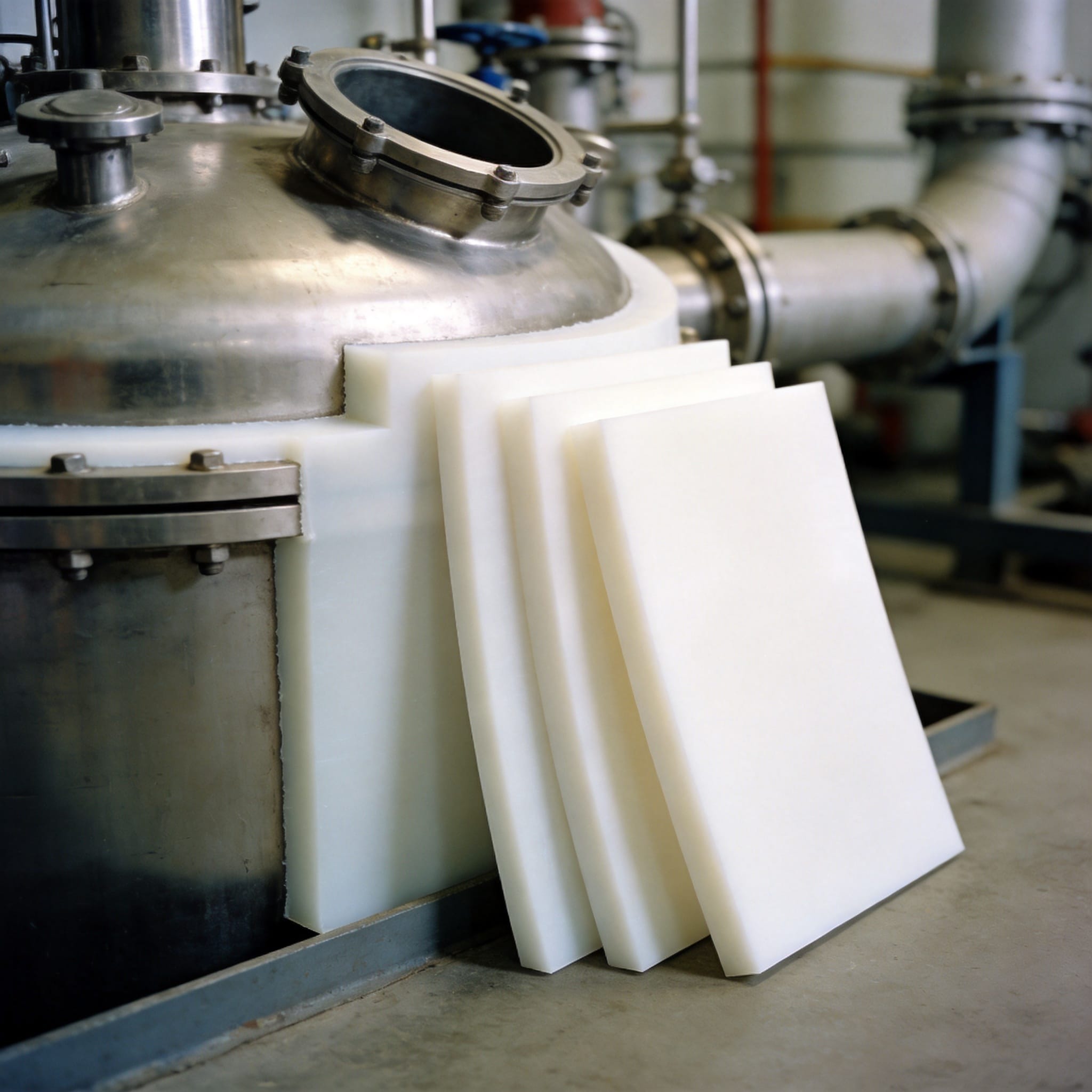 PTFE sheet roll being measured for thickness and width before lining a chemical vessel