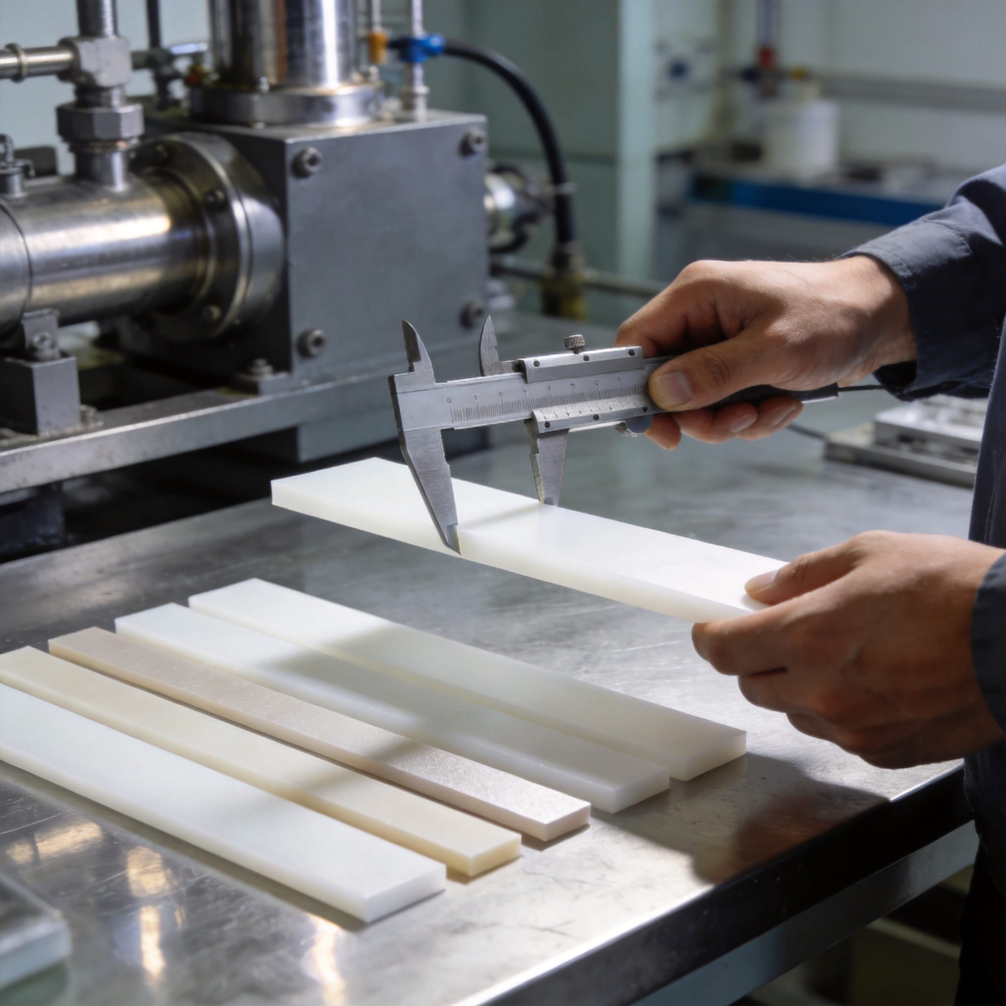 Engineer measuring PTFE sheet thickness with a micrometer before cutting to custom width