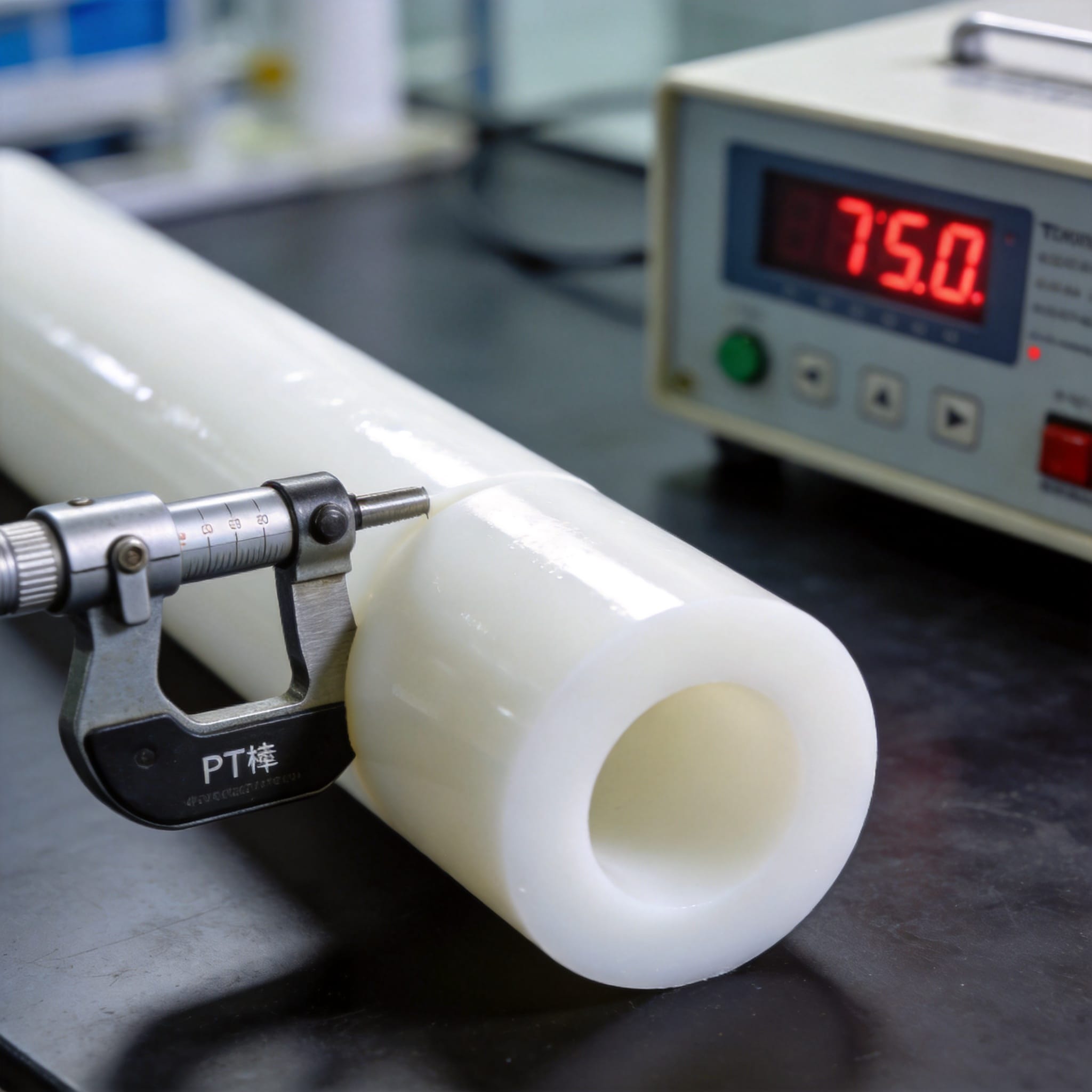 Step-by-step measurement of a PTFE rod diameter with a micrometer