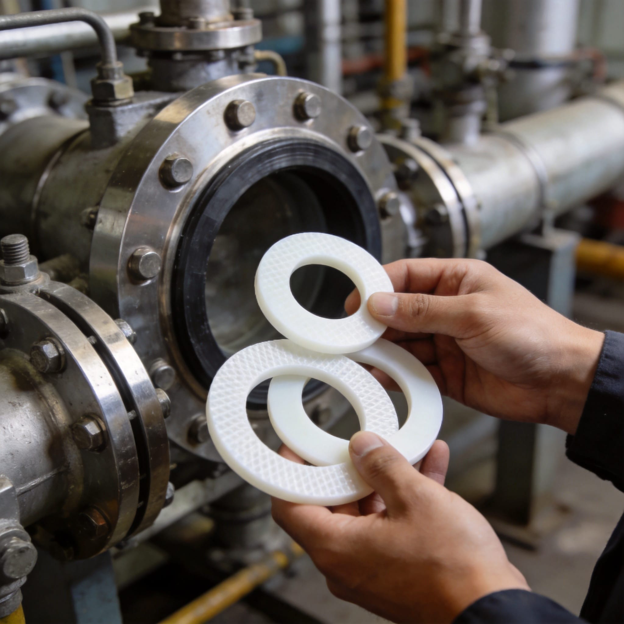 Engineer checking flange specification sheet before PTFE gasket selection