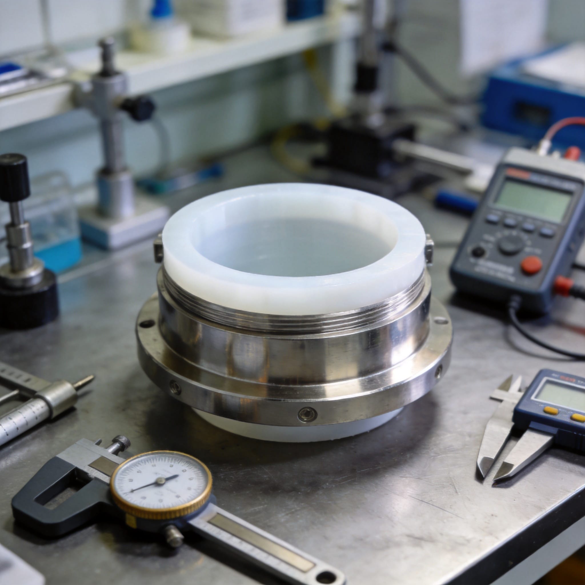 Technician performing spark test on PTFE-lined vessel interior
