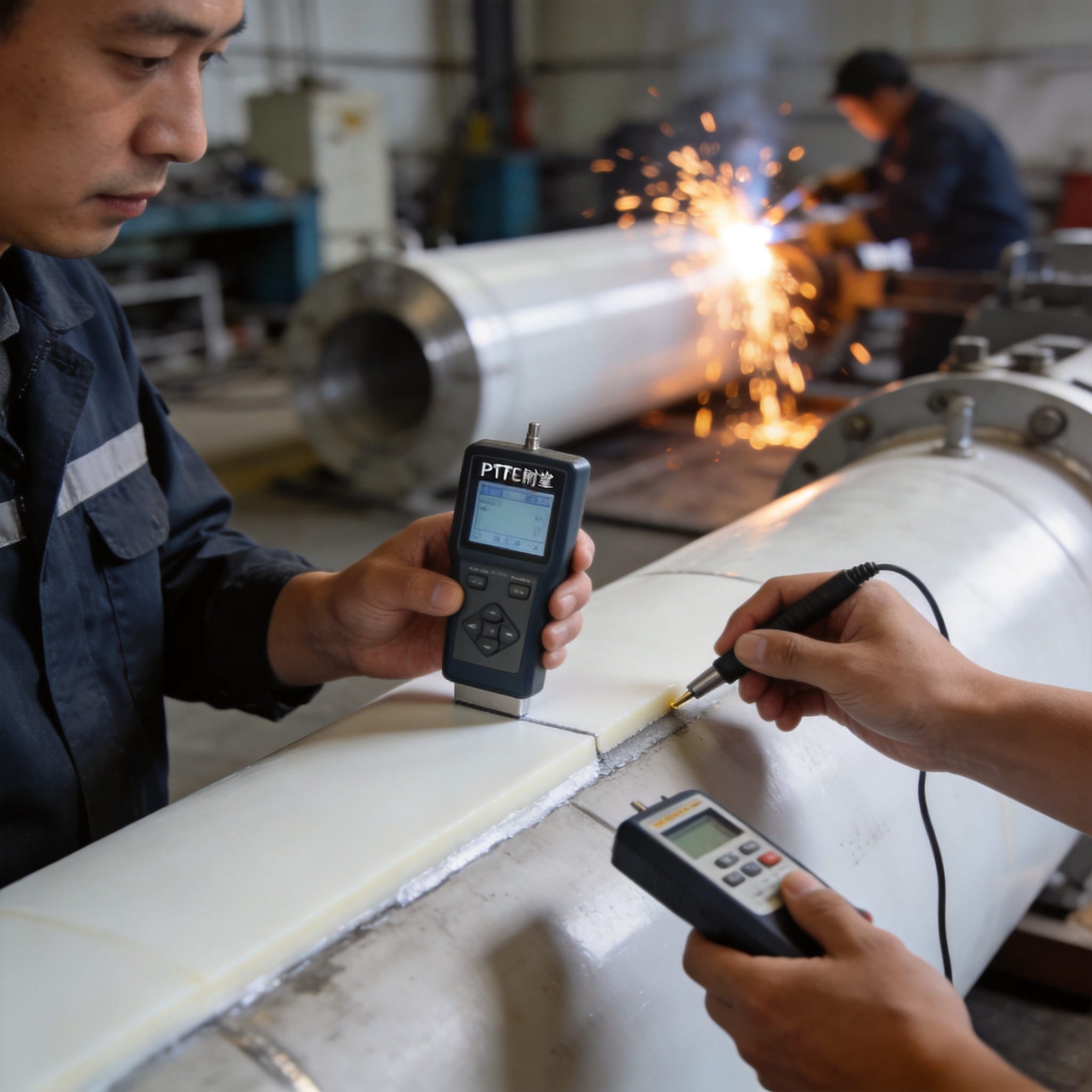Ultrasonic thickness gauge measuring PTFE lining on steel vessel