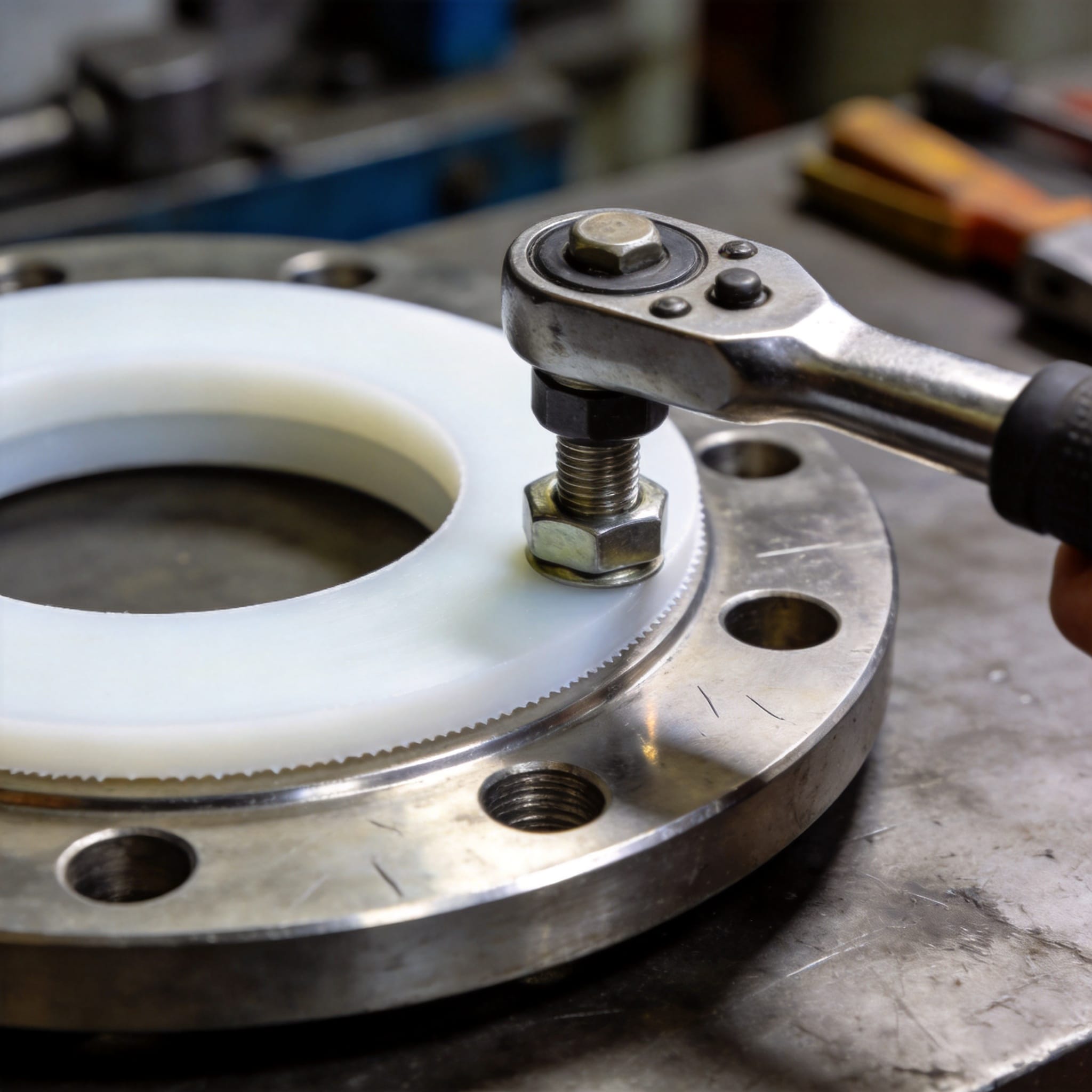 PTFE gasket seated between two flange faces with bolt torque wrench