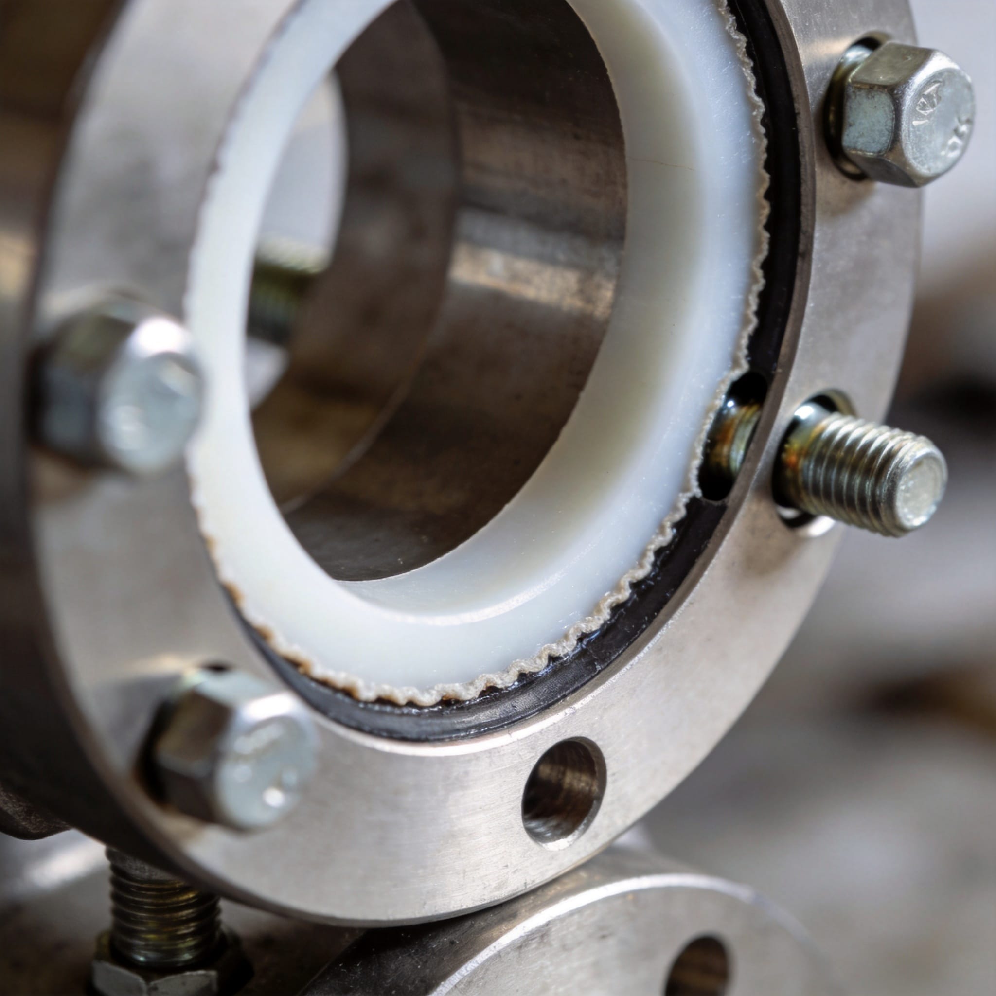 Technician checking flange surface finish with profilometer before PTFE gasket install