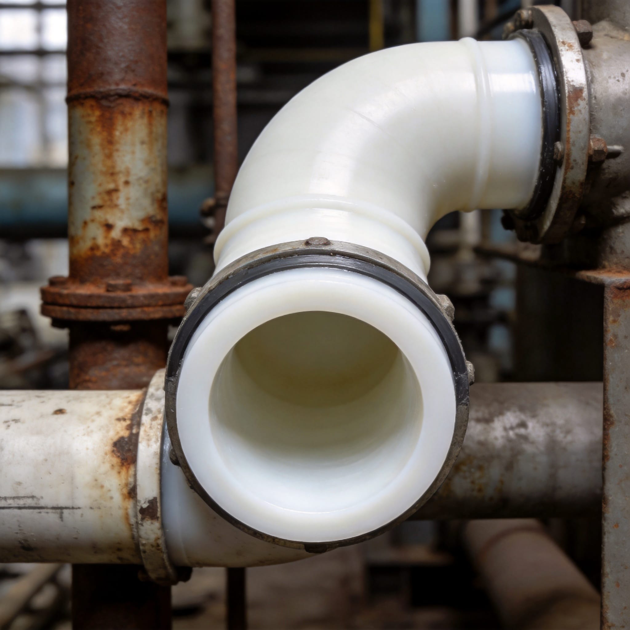 Cutaway view of a PTFE-lined steel pipe showing the fluoropolymer liner inside the carbon steel shell