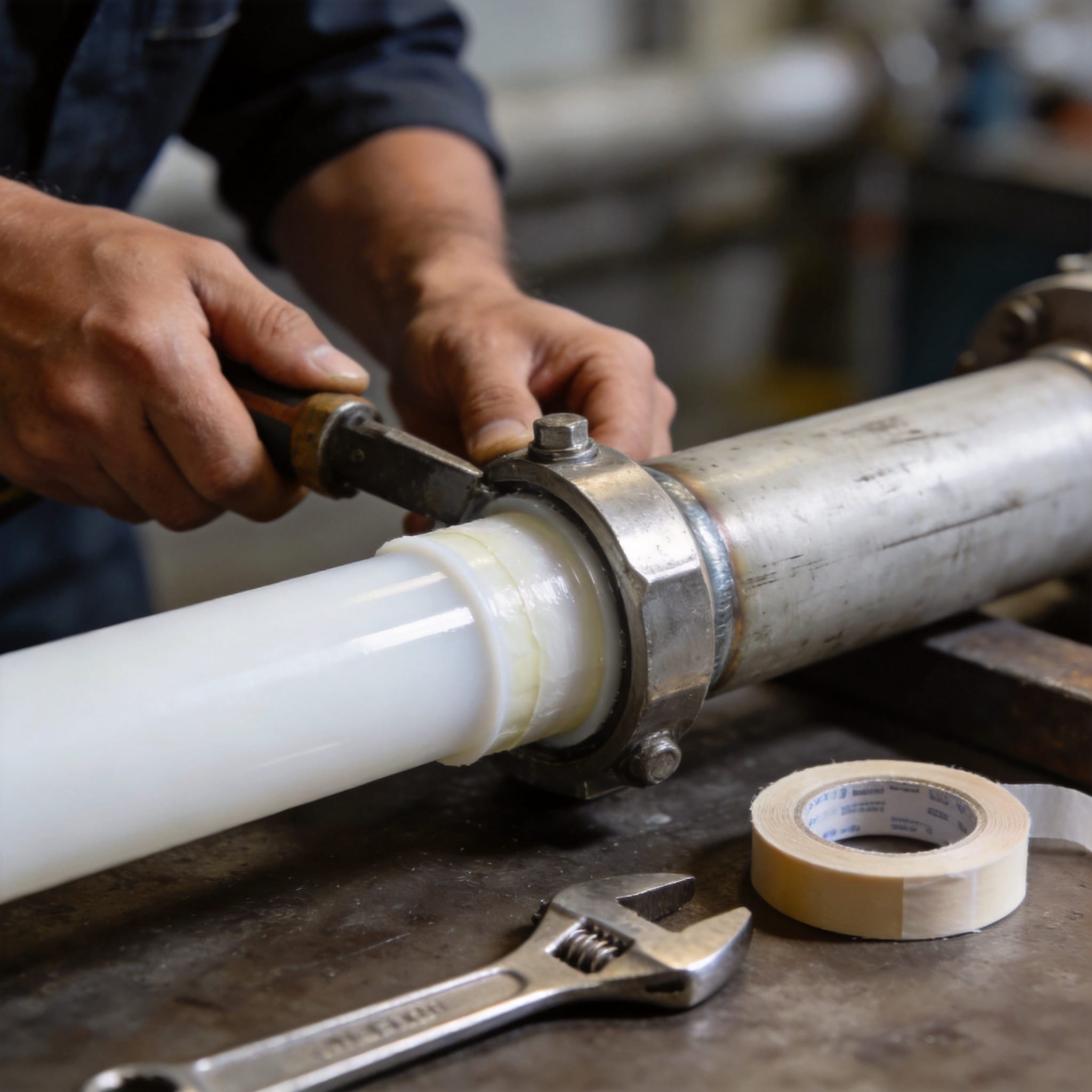 Technician flaring the PTFE liner of a lined pipe spool on a flanging table before bolting