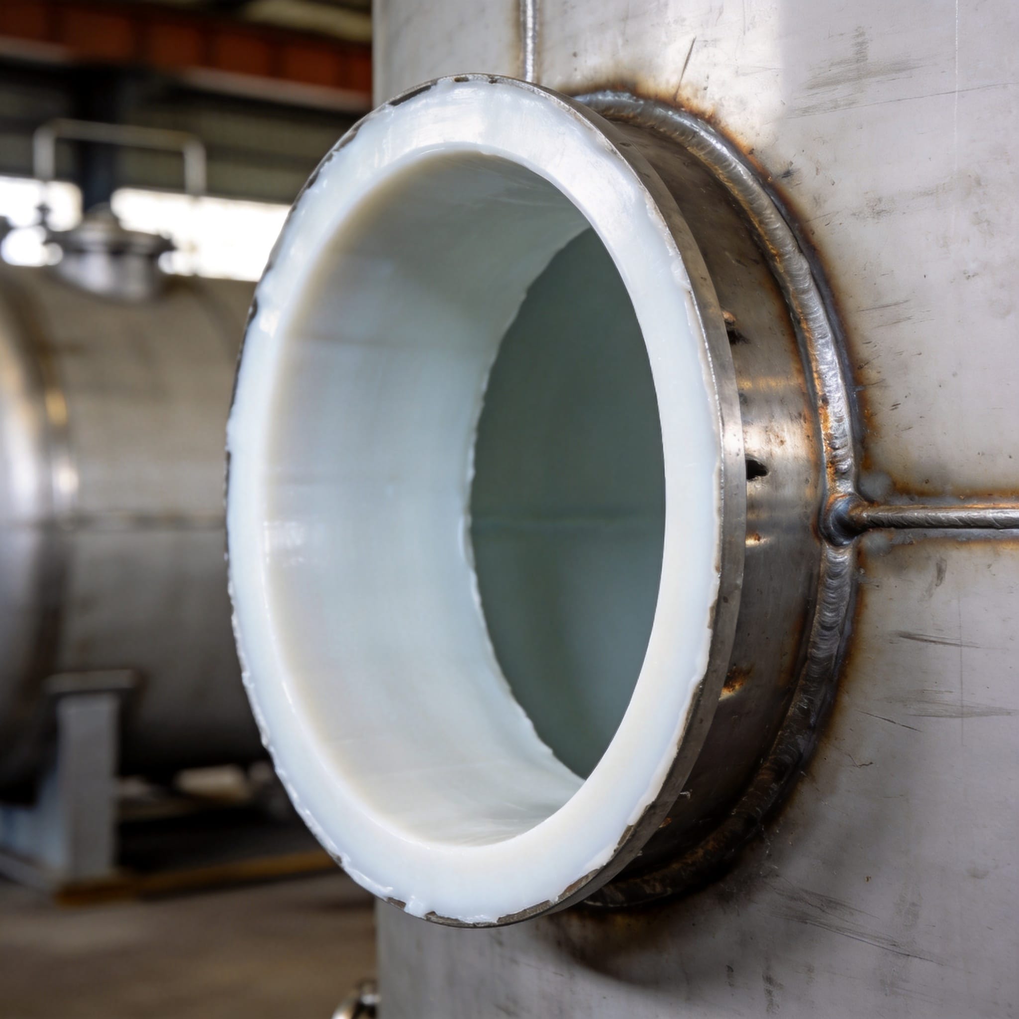 Cutaway diagram of a PTFE-lined chemical storage tank showing the steel shell, adhesive layer, and fluoropolymer barrier