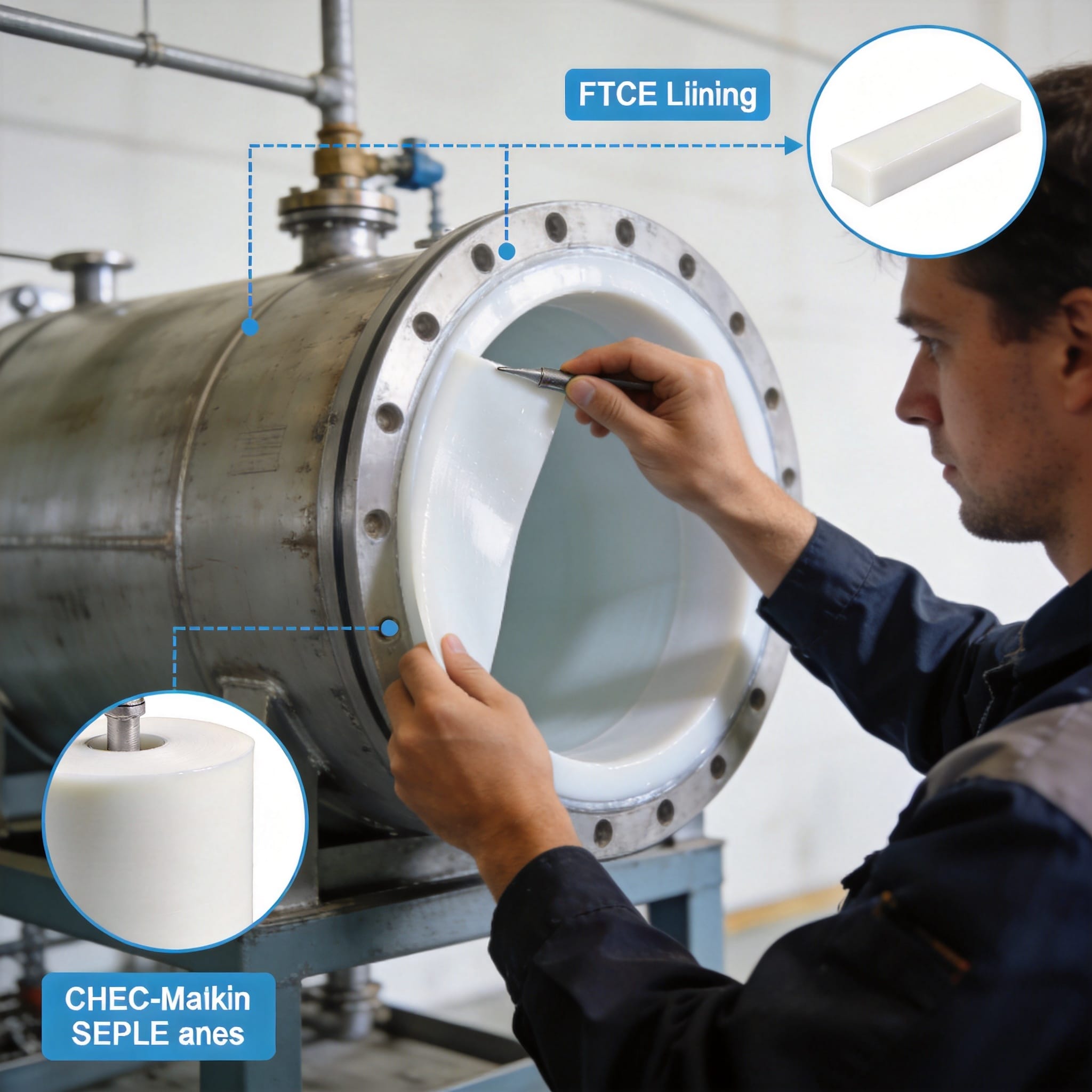 Technician applying a PTFE sheet lining to the interior wall of a chemical storage tank