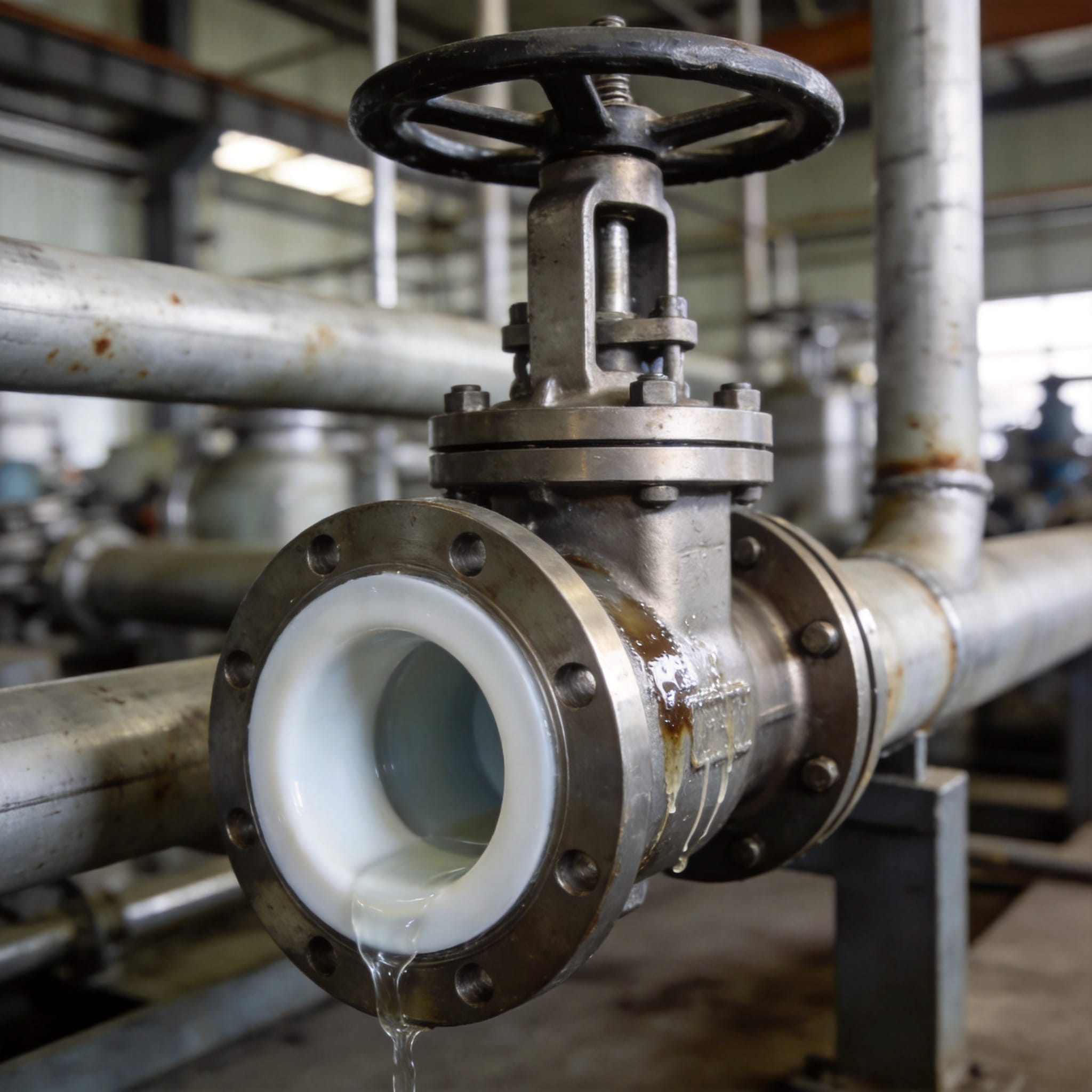 Cutaway diagram of a PTFE-lined valve showing the plastic barrier between the metal body and the process fluid