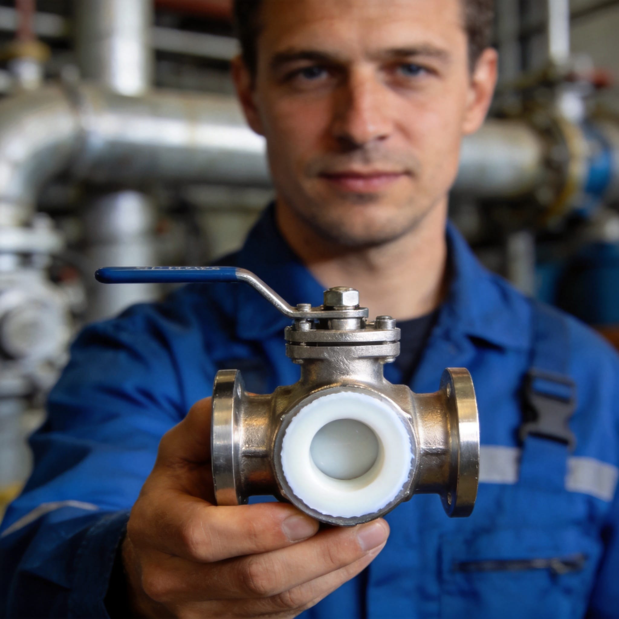 Technician checking a PTFE-lined ball valve flange before installation on a chemical process line