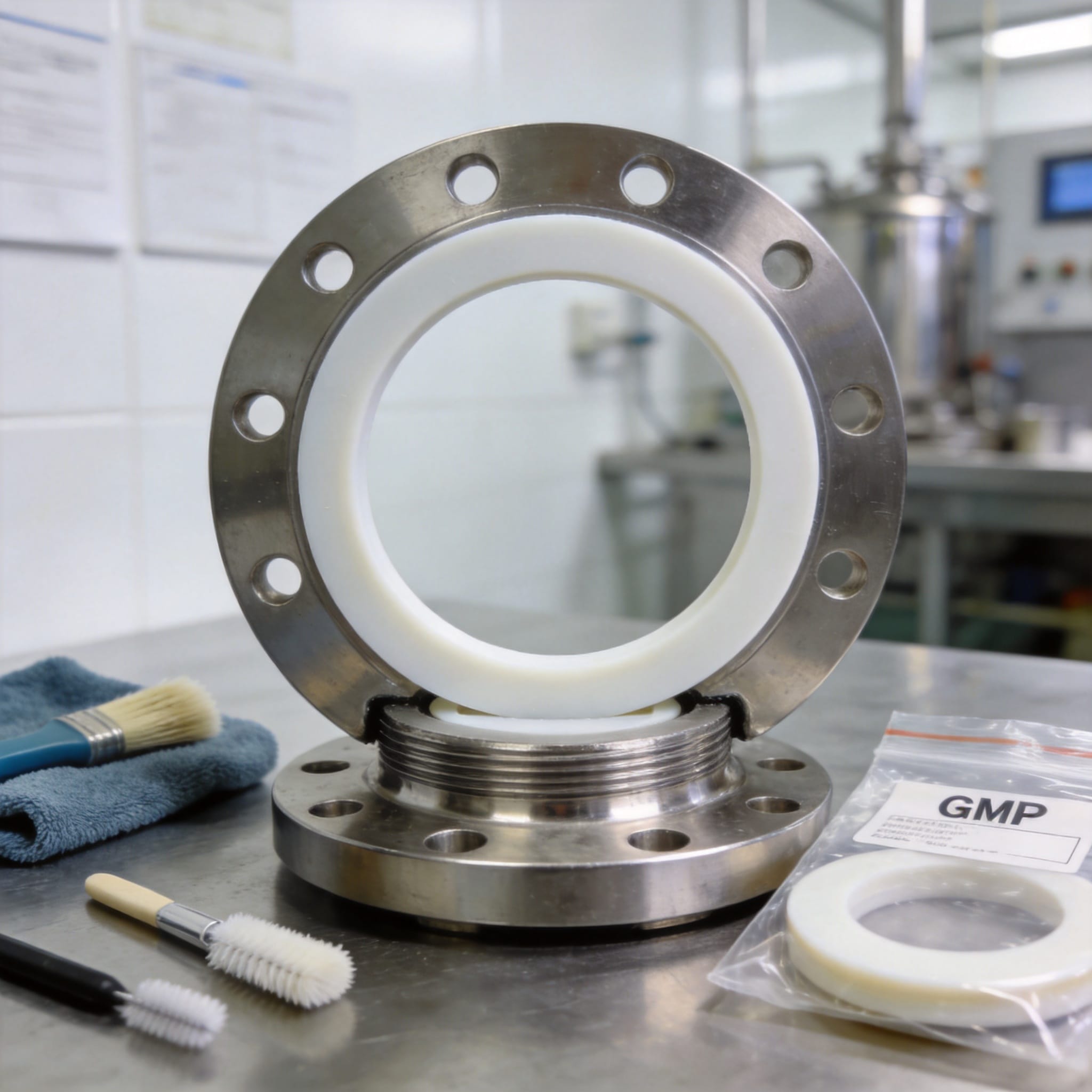 Technician verifying PTFE gasket dimensions before installation on a sanitary flange