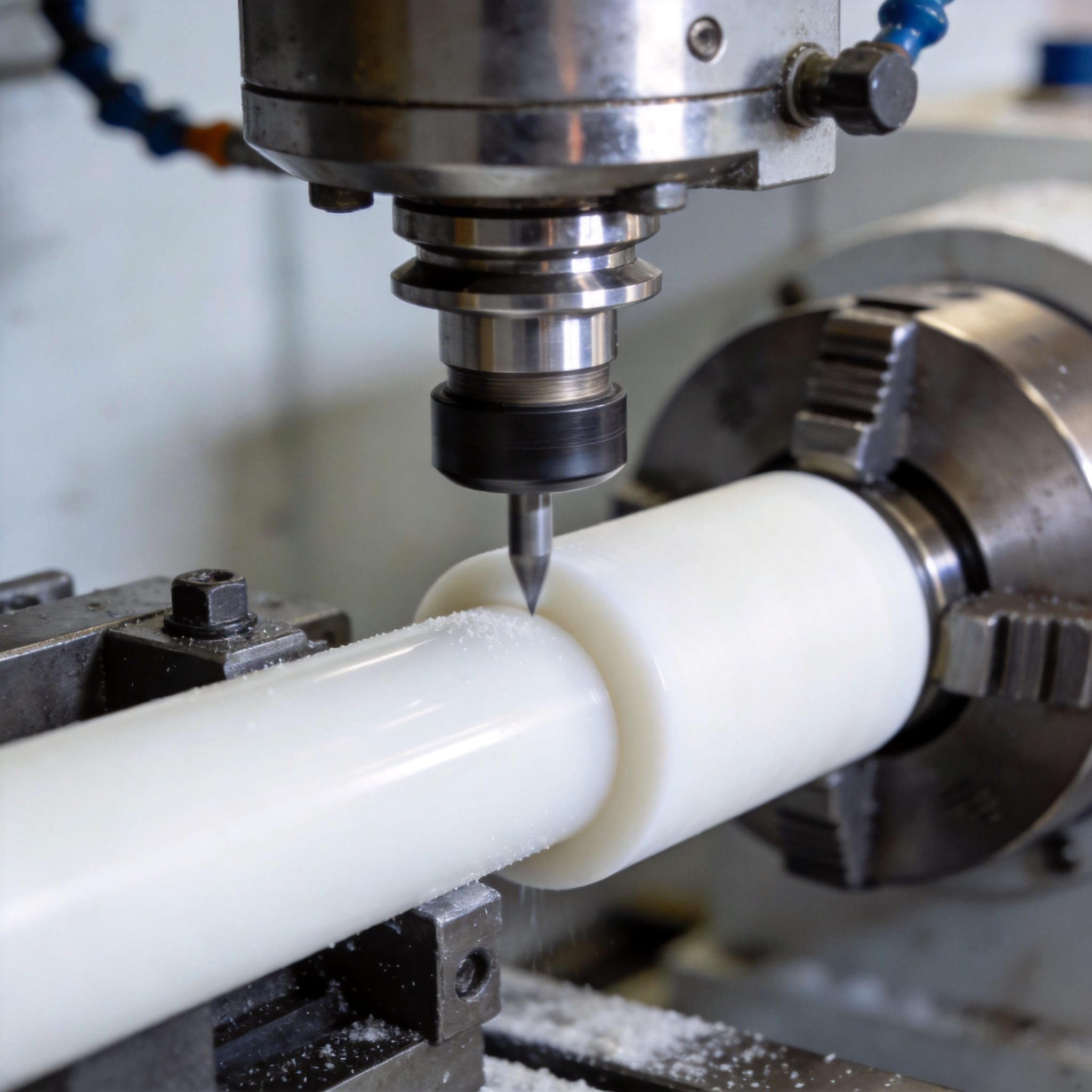 Machinist turning a PTFE rod on a lathe with sharp tooling