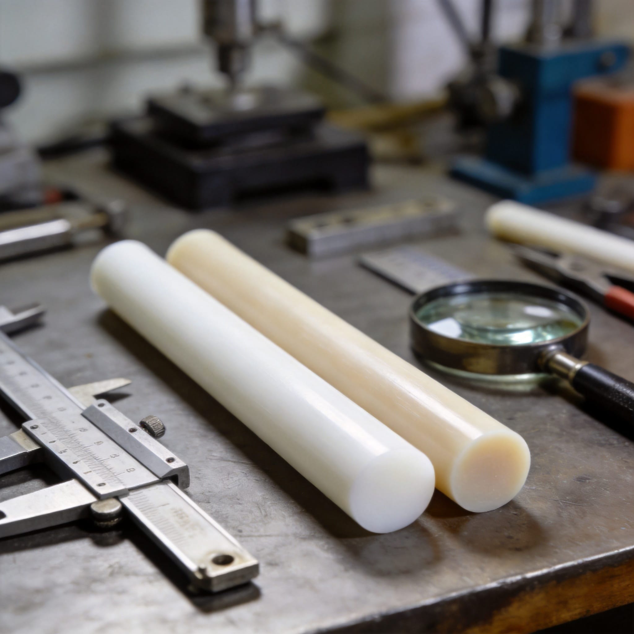 Engineer measuring a polymer rod with calipers during material selection