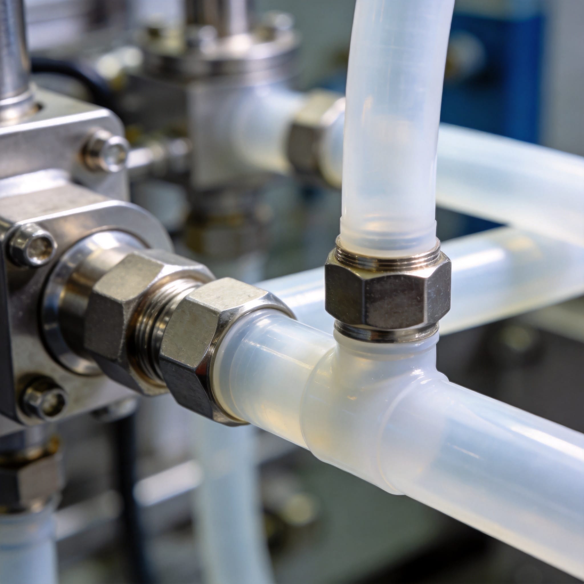 PTFE tubing routed inside a semiconductor chemical transfer cabinet