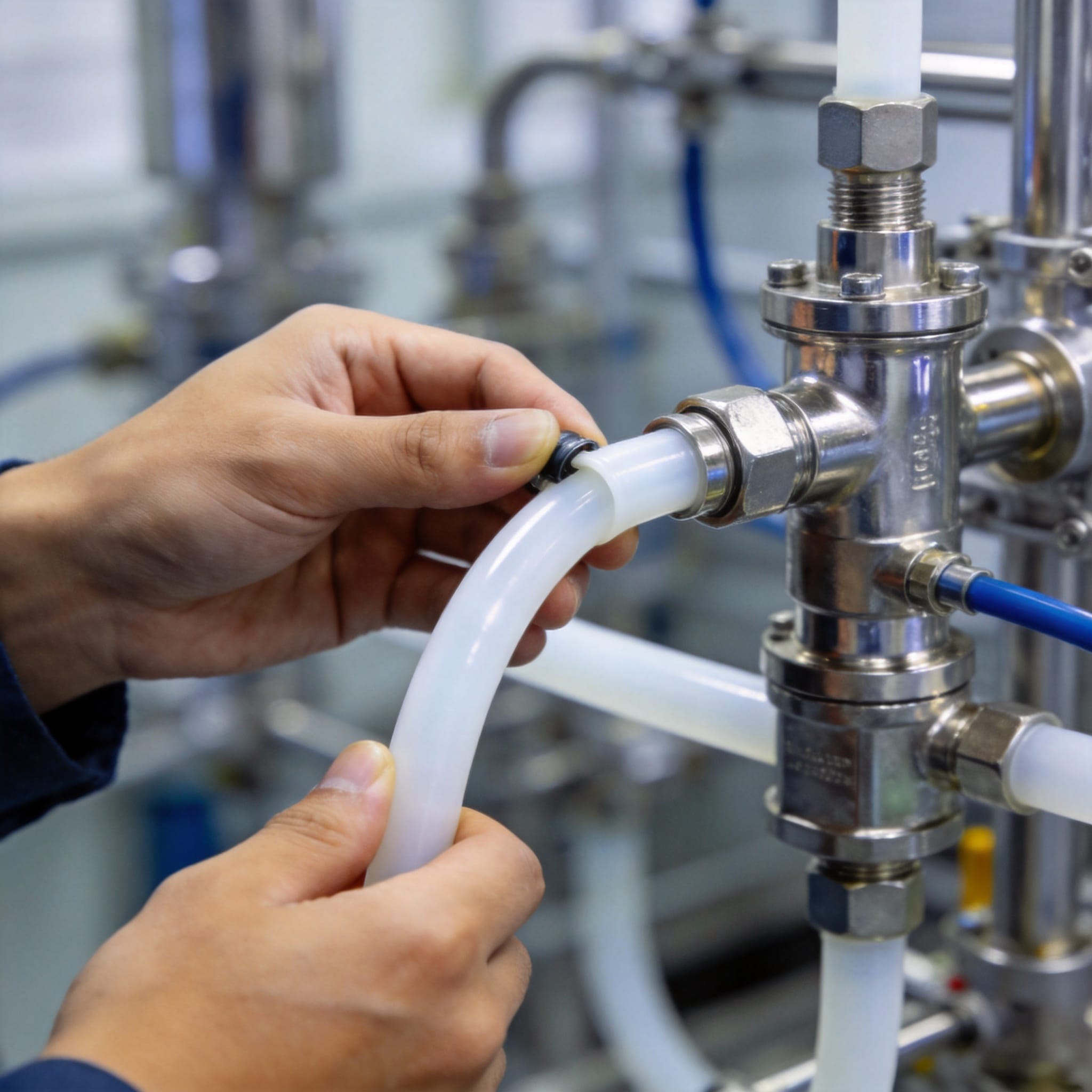 Technician connecting PTFE tube fittings in a chemical delivery system