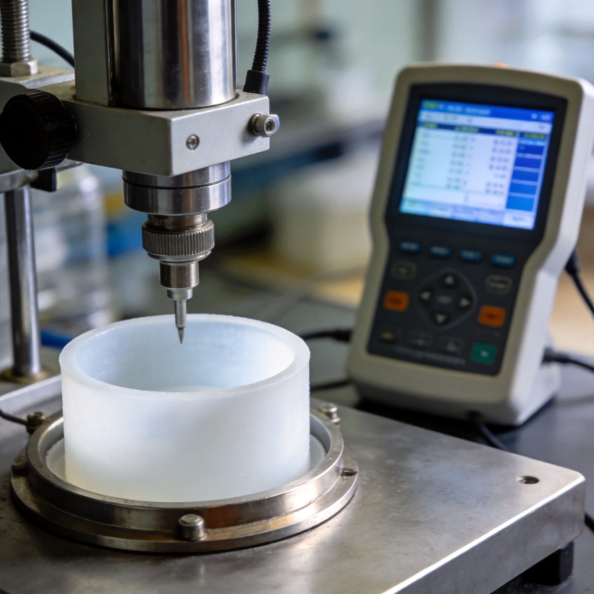 Technician measuring PTFE lining thickness with ultrasonic gauge
