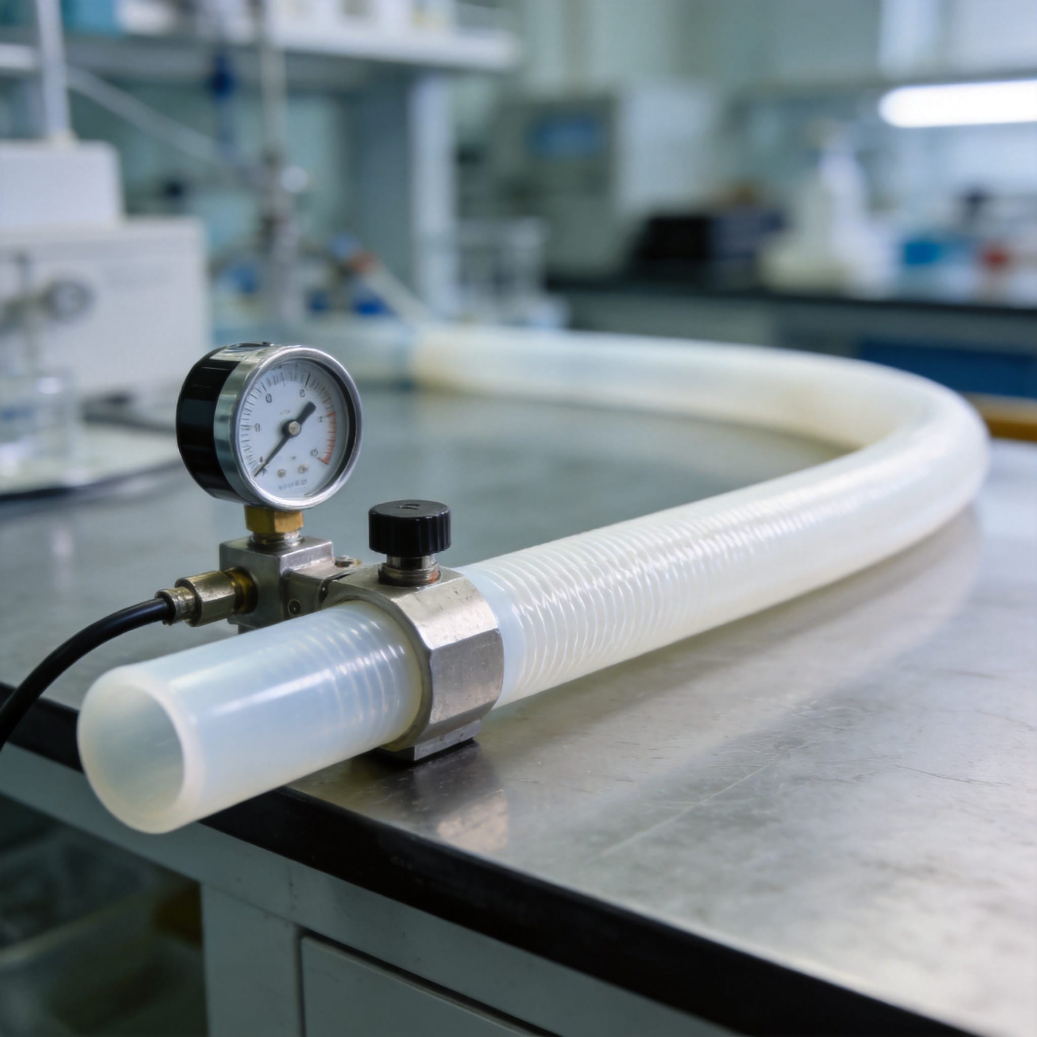 Measuring PTFE tube wall thickness with a caliper before pressure testing