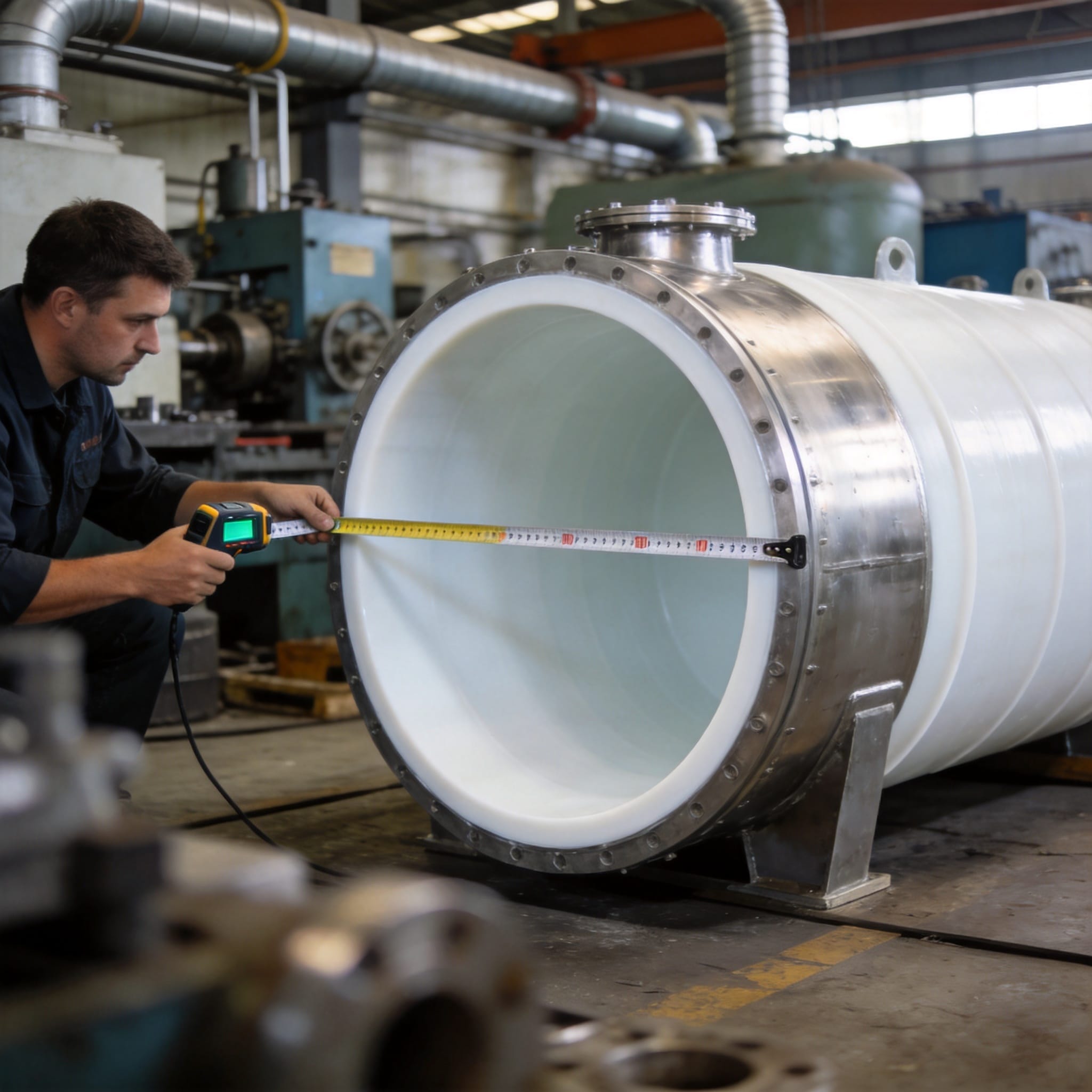 Engineer measuring tank shell diameter and straight height before PTFE lining specification