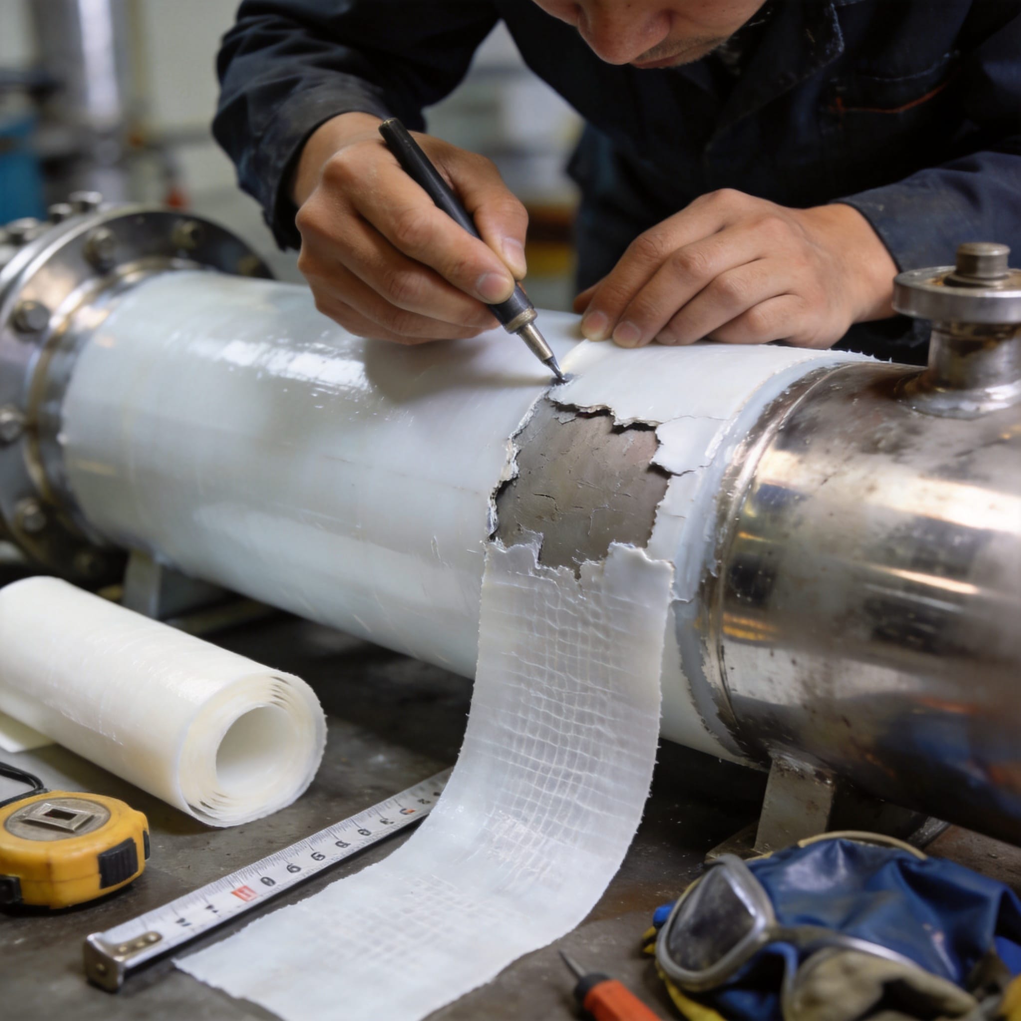 Technician applying a PTFE patch to a lined vessel wall on site