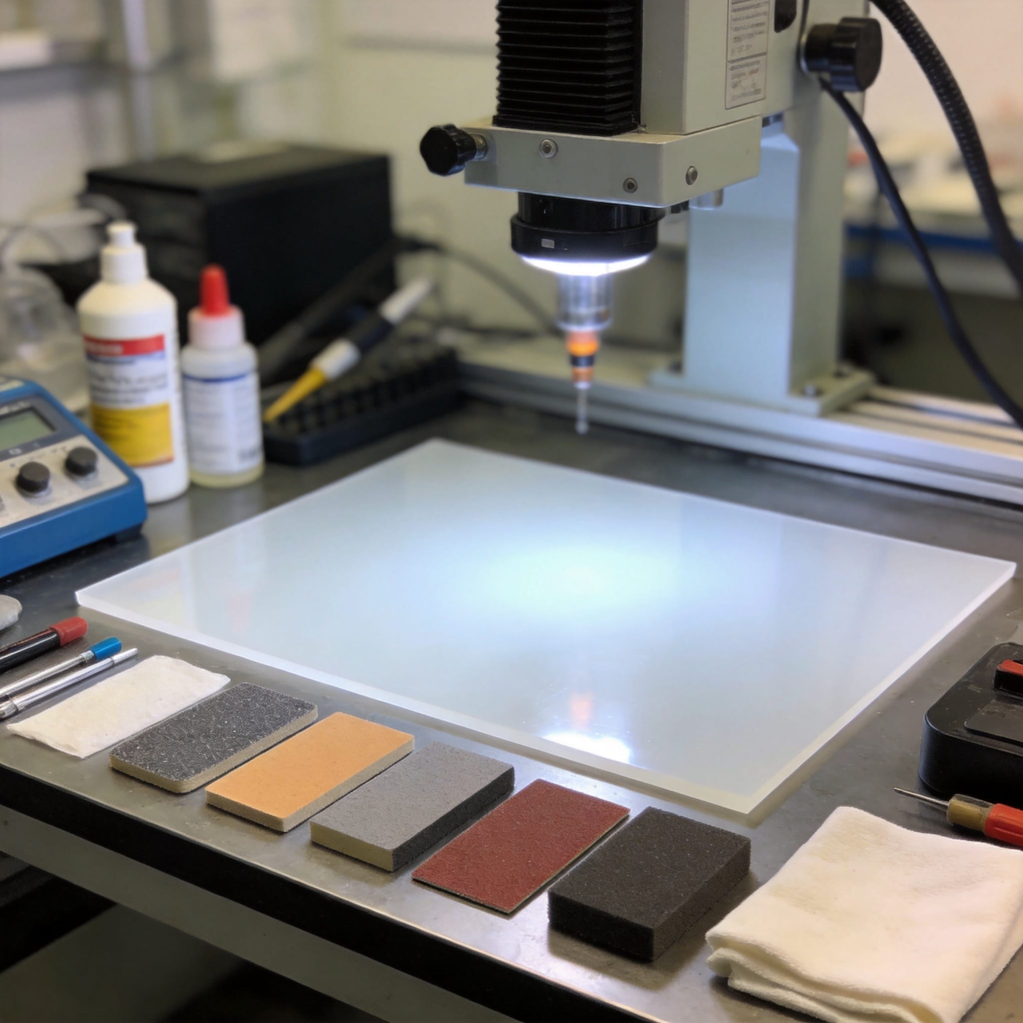 Technician performing sodium etching on a PTFE sheet in a fume hood