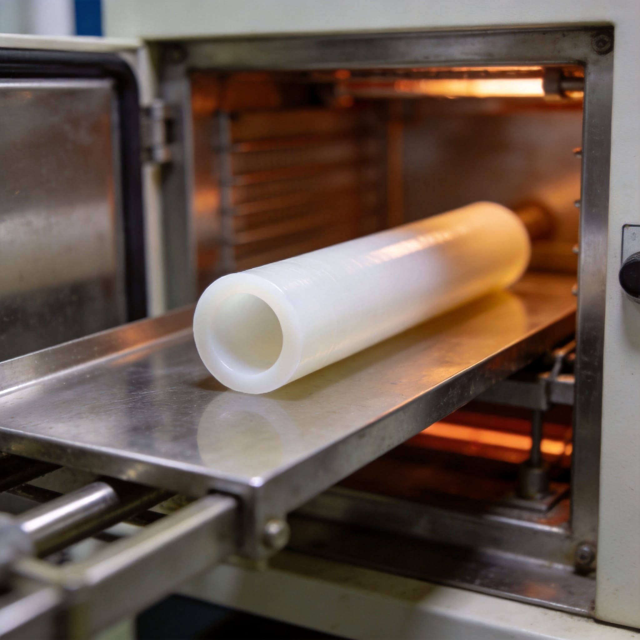 PTFE tube sample next to a temperature probe in a laboratory oven set to 260°C